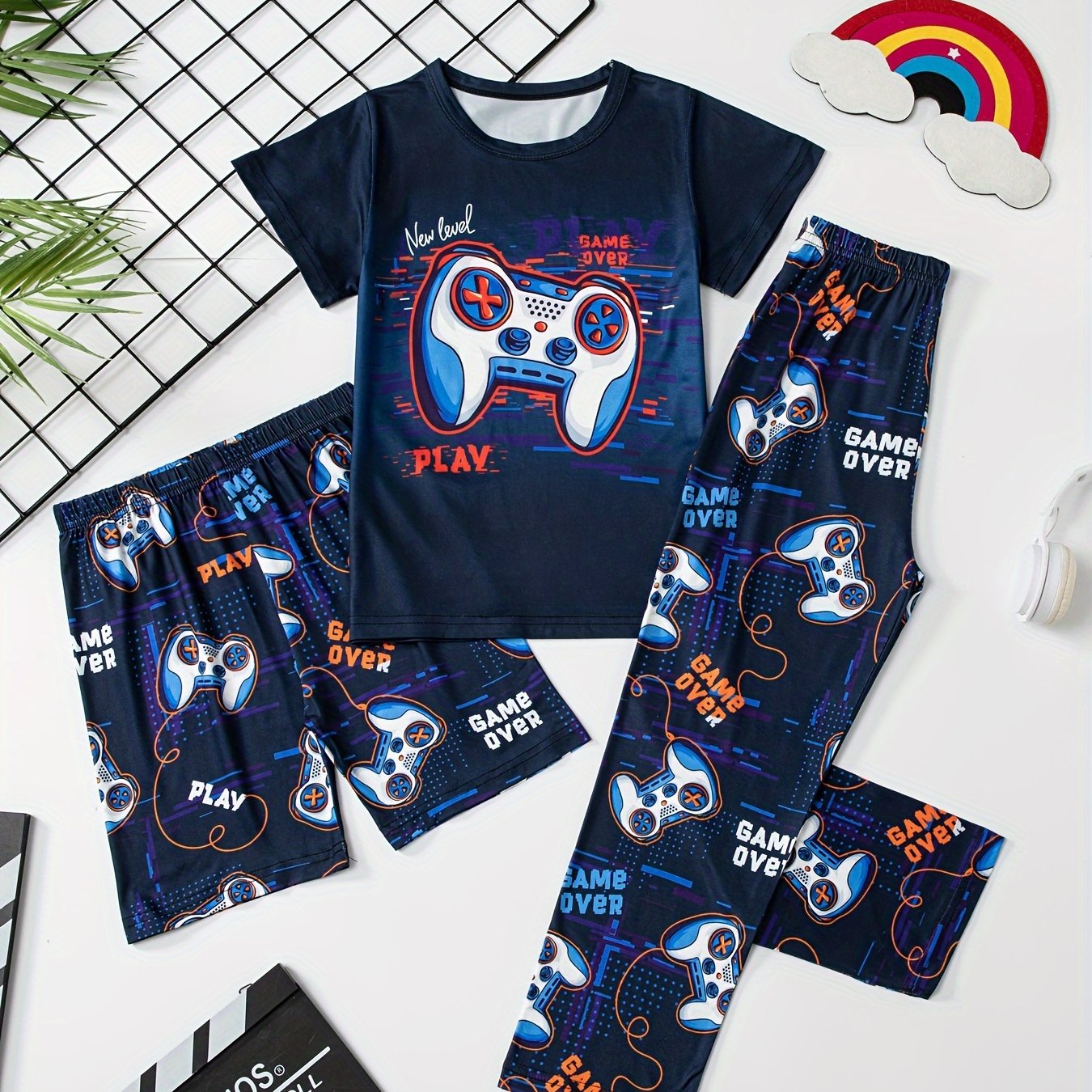 Image of Boys 3pcs Cartoon Game Board 3d Printed Short Sleeve T-shirt And Matching Shorts And Pants Comfortable Casual Underwear Set