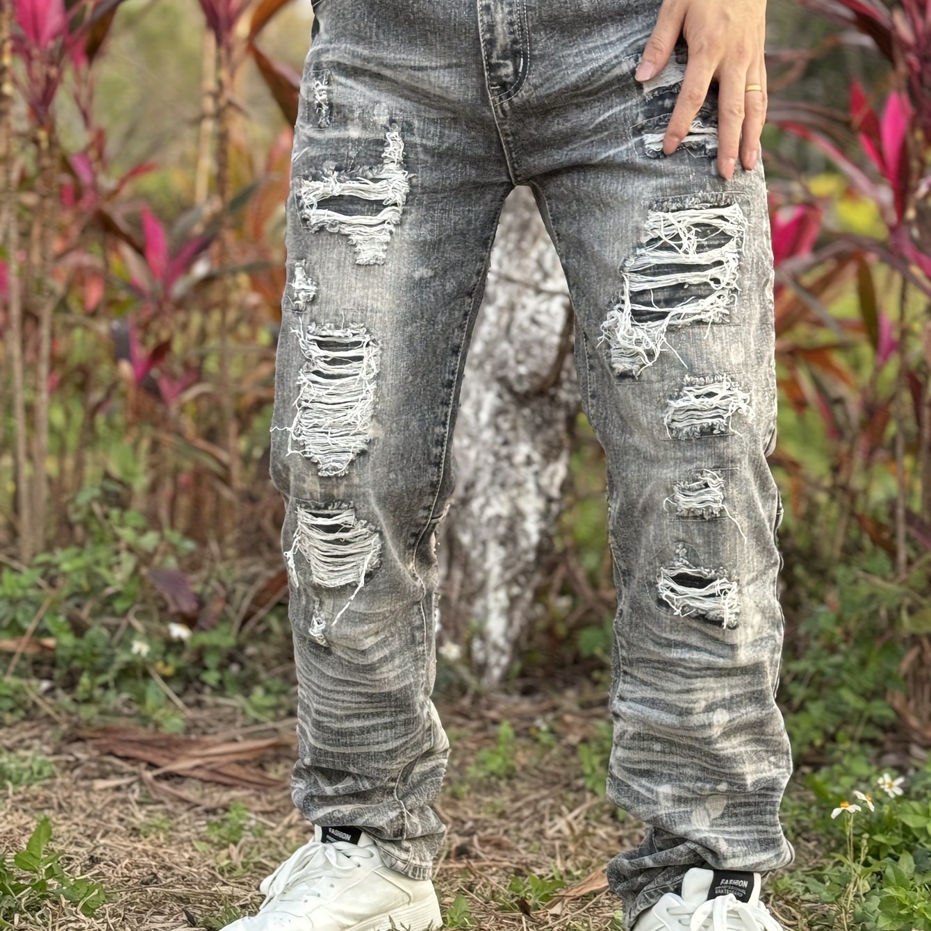 TEMU American Men's Stretch Jeans, Fashionable Street Style, , Ripped Embroidery, Suitable For All . Trend Snowflake Wash, 3d Crease Wash, Rock Fan