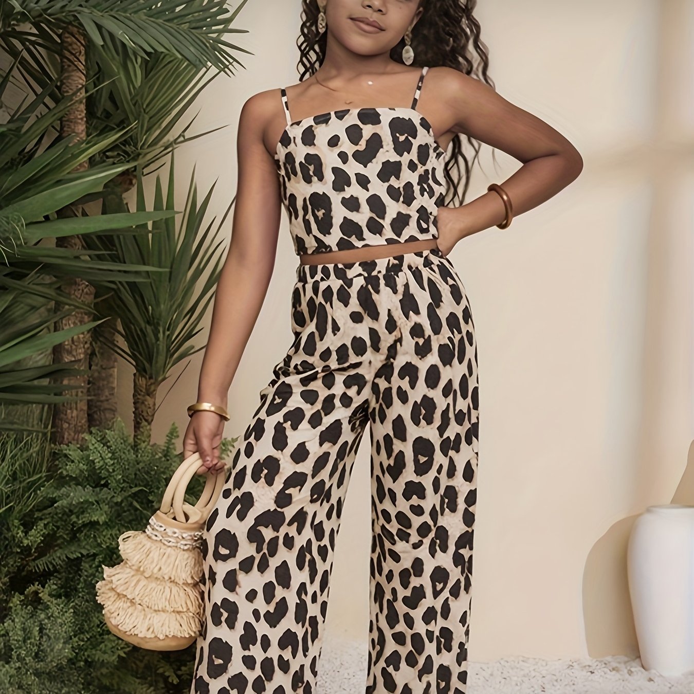 Image of Girls' Pants Set. Leopard Print Camisole Top + Leopard Print Pants, Suitable For Casual Wear, Perfect For Outdoor