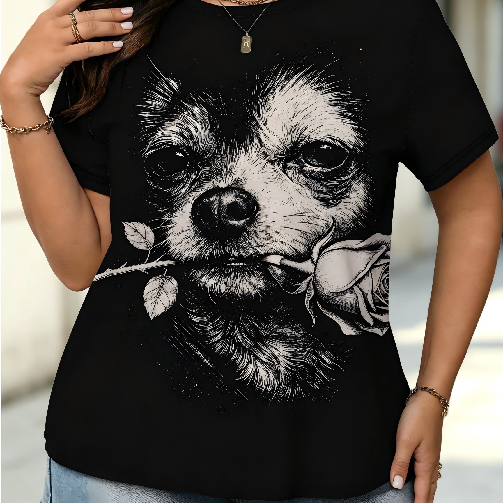 TEMU Printed Design - Non-textured Women's Casual Short Sleeve T-shirt, Chihuahua With Rose Print, Easy Retro Literary Individual Style, Daily