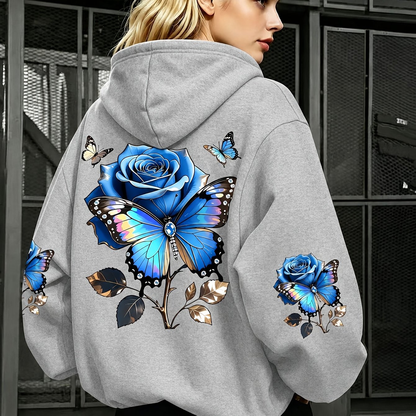 TEMU A Blue Rose And Fashion Hoodie Woman's Hoodie High Quality Thick Sweatshirt Autumn Winter Wear For Casual Gift For