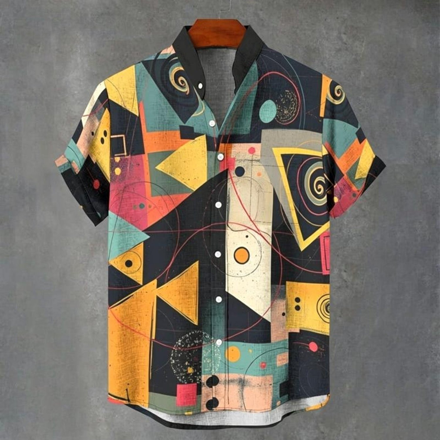 Image of Men's Formal Shirt, Colorful Abstract Geometric Pattern, Short-sleeved, , White Buttons, Polyester Fabric, Comfortable Casual Wear, Multiple Sizes , Mixed Color, Fashionable
