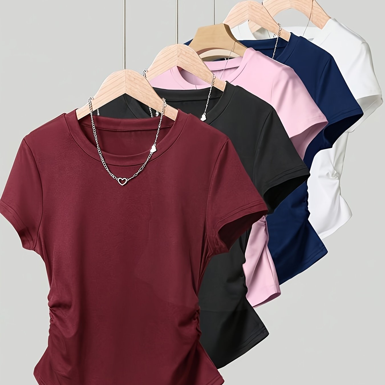 E-shop 5er-Pack Damen Rüschungsgürtel Easy Style T-Shirt, Sommer Back-To-Casual Kurzarm-Top
