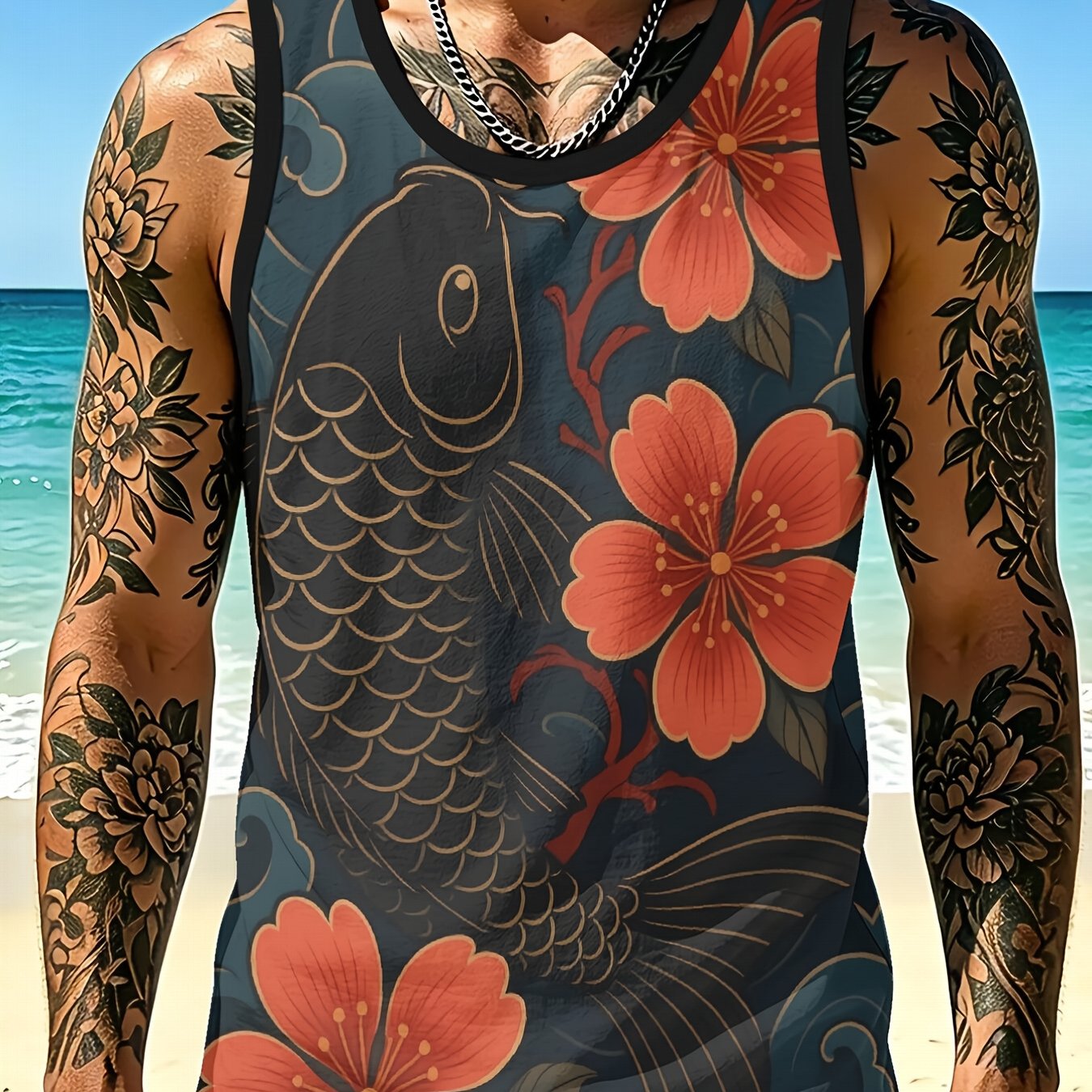 TEMU Print Design - Not Textured/1pc Men's Breathable Mesh Vest -e Koi , Skin-friendly Versatile Sleeveless Top, Quick-dry, Athletic Top, Casual Wear