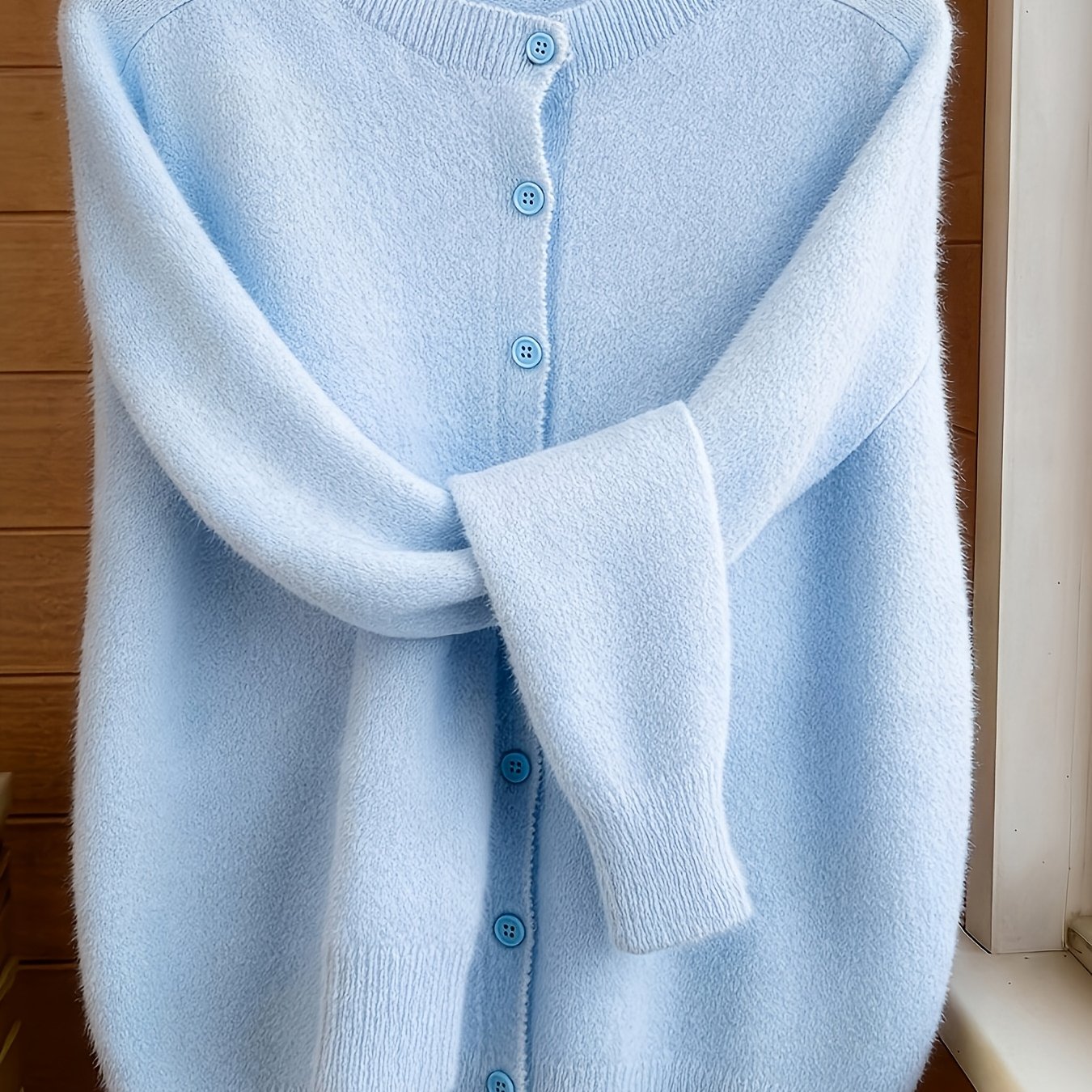 TEMU Spring Autumn Solid Color Round Neck Button Sweater Open Cardigan, Loose Casual Fashion Versatile Jacket, Soft Comfortable Elegant Women's Top