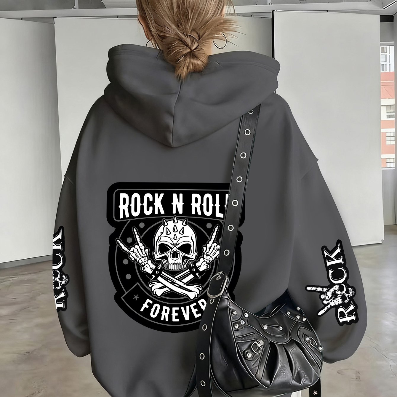TEMU Hoodie Rock Skull Gesture Retro Print, Casual Zipper Jacket With Pockets, Autumn And Winter Hoodie, With Pattern