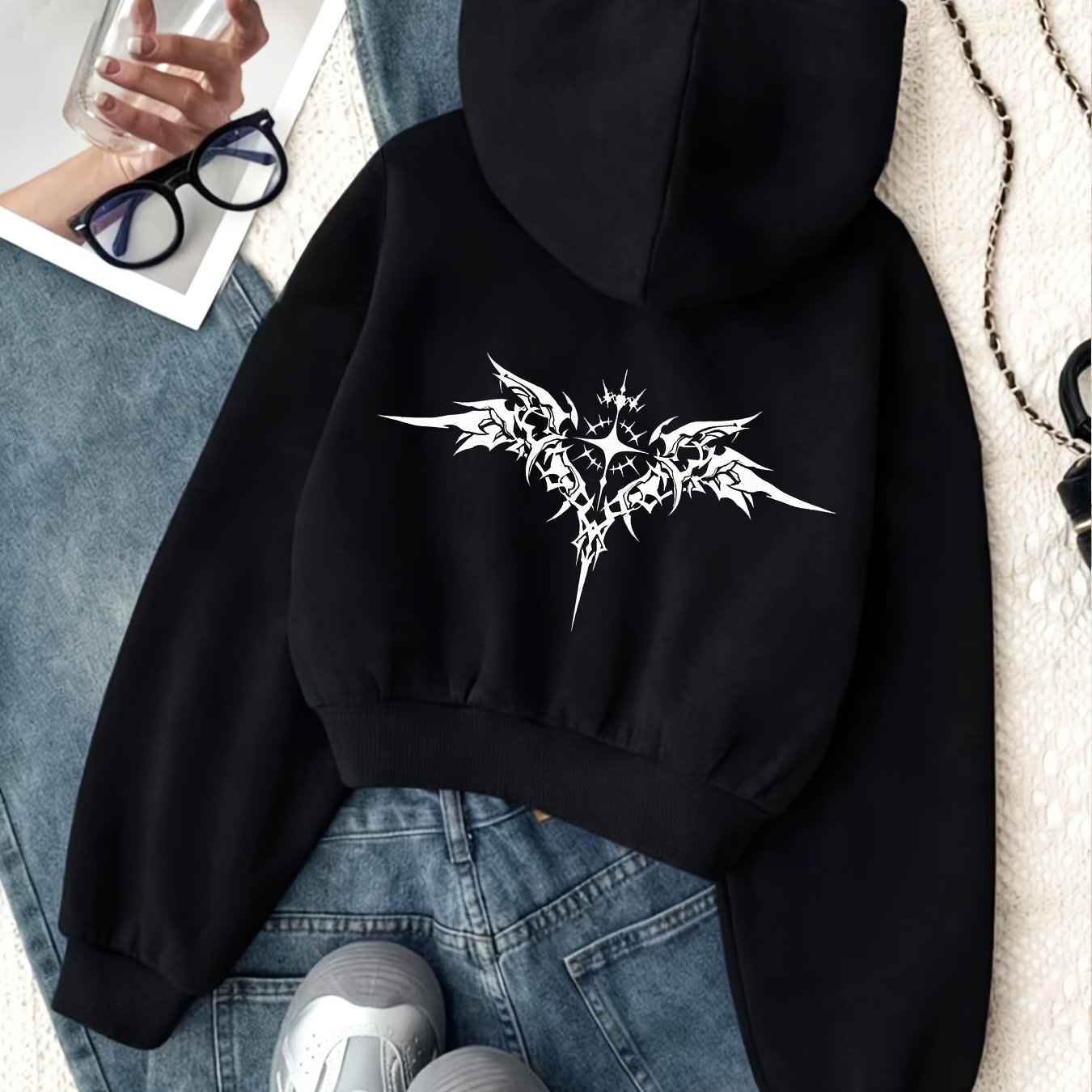 TEMU Fashionable And Versatile Wing Pattern Print, Minimalist Style Short Zip-up Hooded Sweatshirt For Autumn And Winter, Suitable For Daily Work