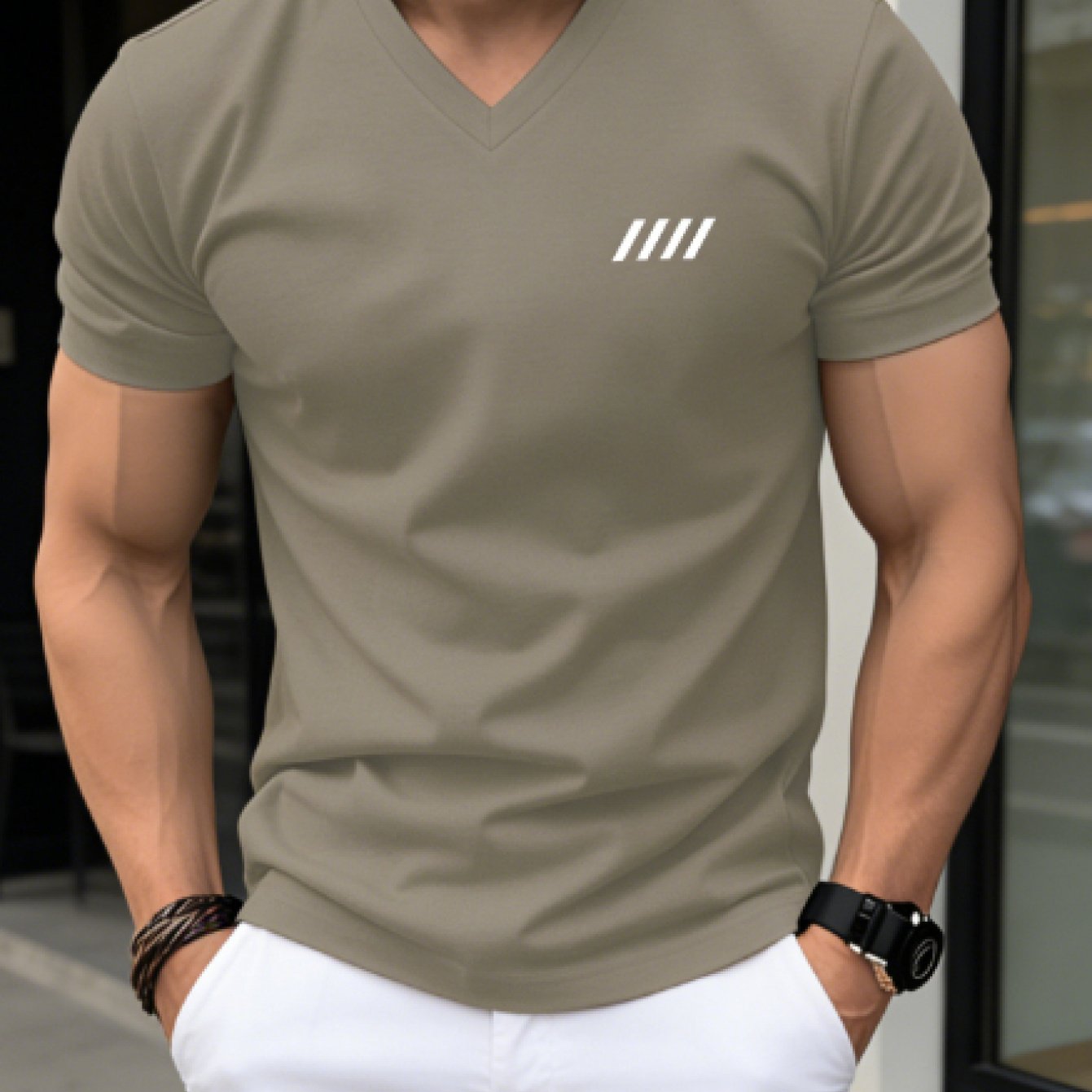 TEMU [printed Design - Not Textured] 2026 New Style T-shirt, Men's Summer Short Sleeve , Trendy Fashion Slim Fit V-neck, Versatile And Simple Style