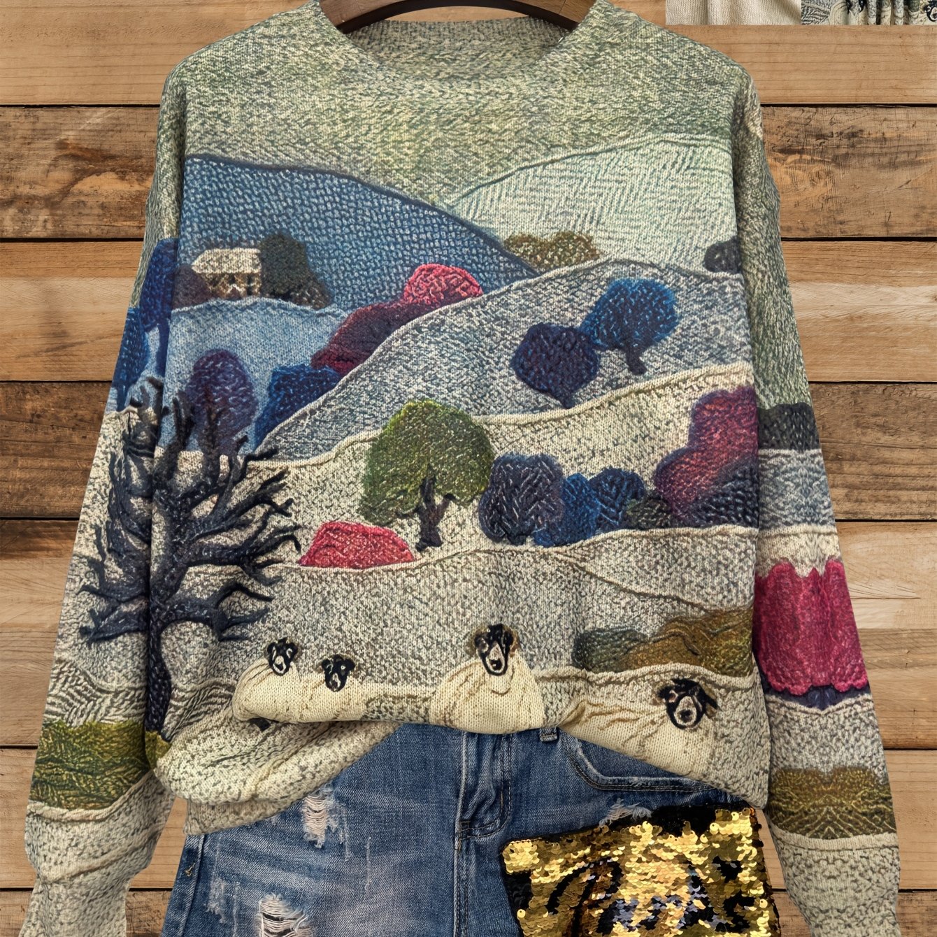 Image of [printed Design - Not Textured] [ Print] [thin] [sweater] Print Sheep Pattern Thin, Casual Crew Neck Long Sleeve Sweater, Women's Clothing