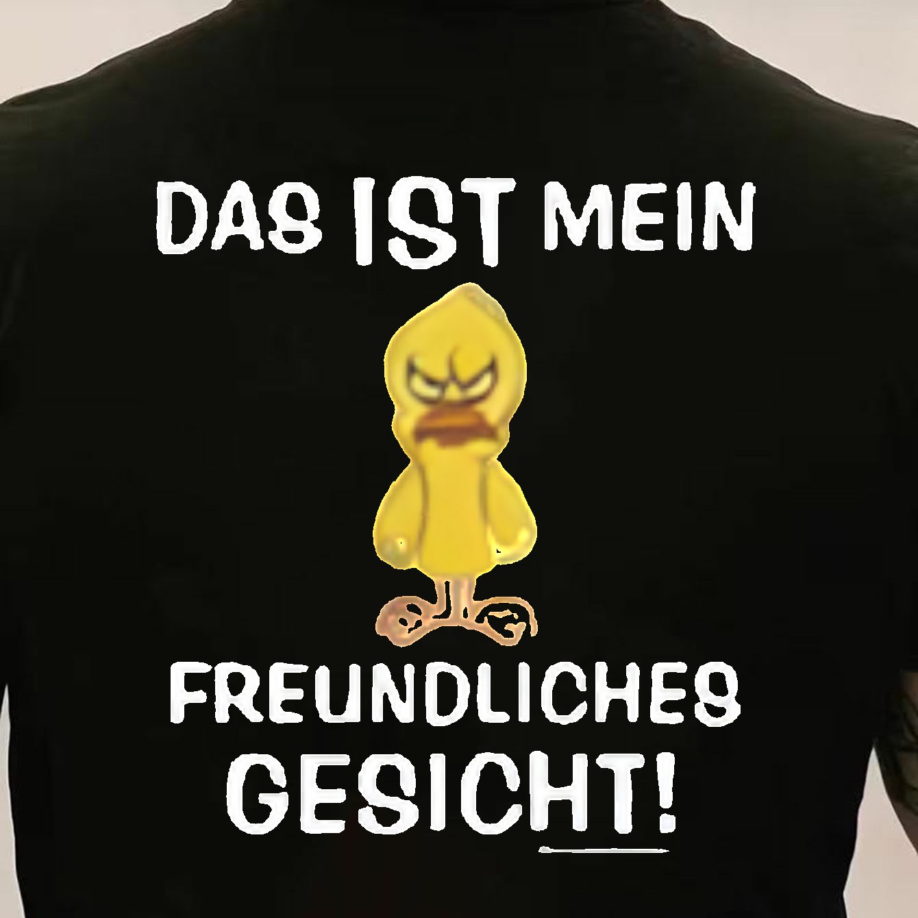 Image of Black T Shirt With Duck Graphic And German Text Das Ist Mein Freundliches Gesicht For Casual Wear