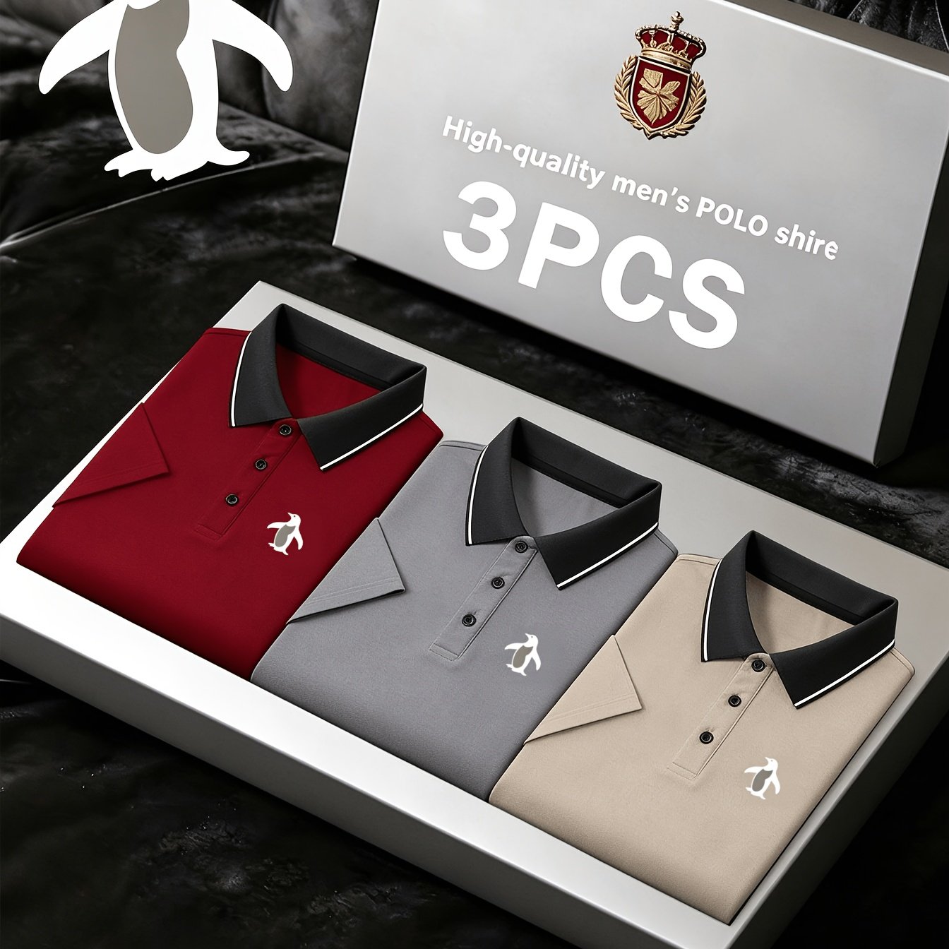 TEMU 3pcs Set Of Men's Shirts, Penguin Print Business Casual All-match Breathable Short Sleeve, Professional Golf Shirt Stretch Sports Short Sleeve