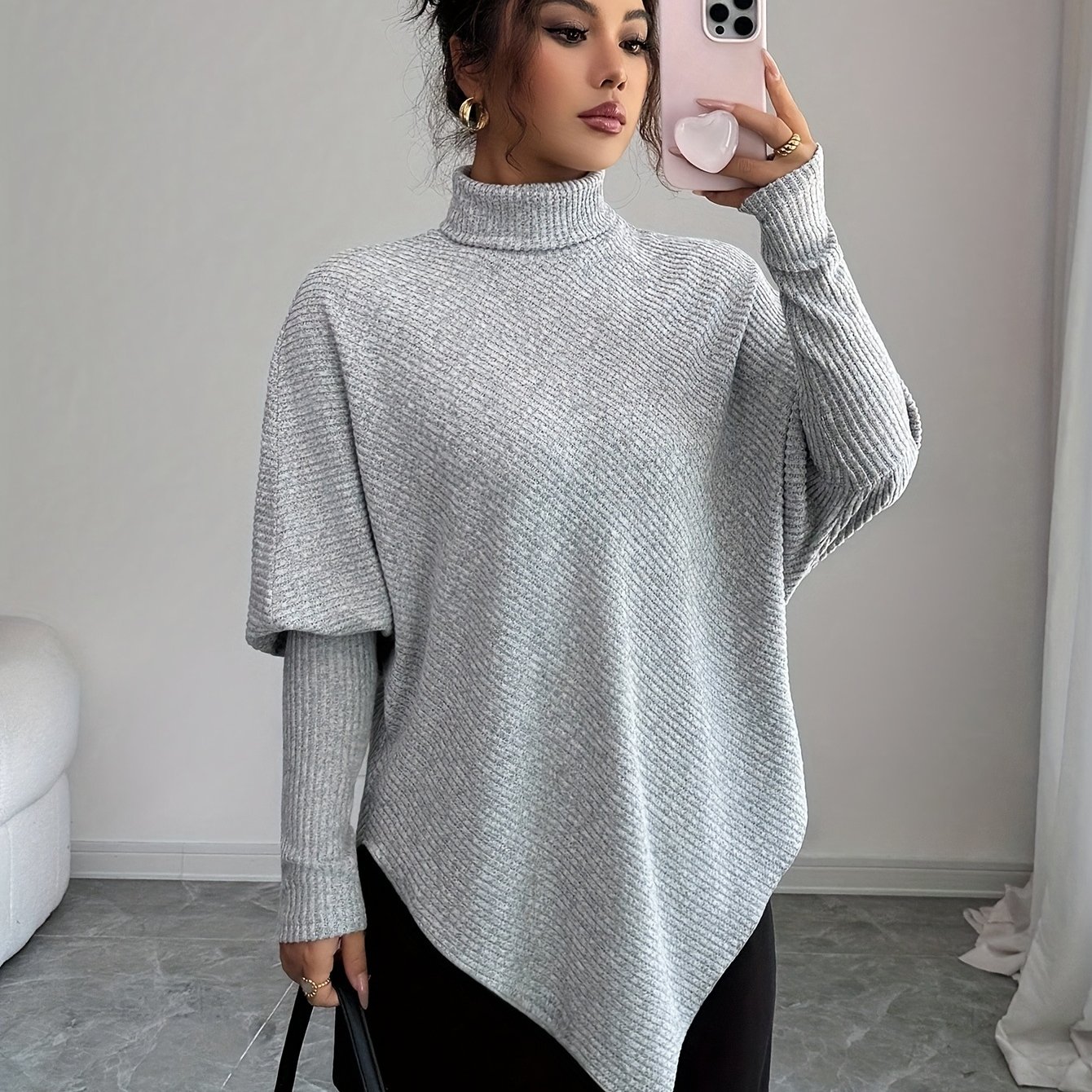 TEMU Plus Size, Plus Size Women's Autumn/winter Solid Color High Neck Pullover With Irregular Batwing Sleeves