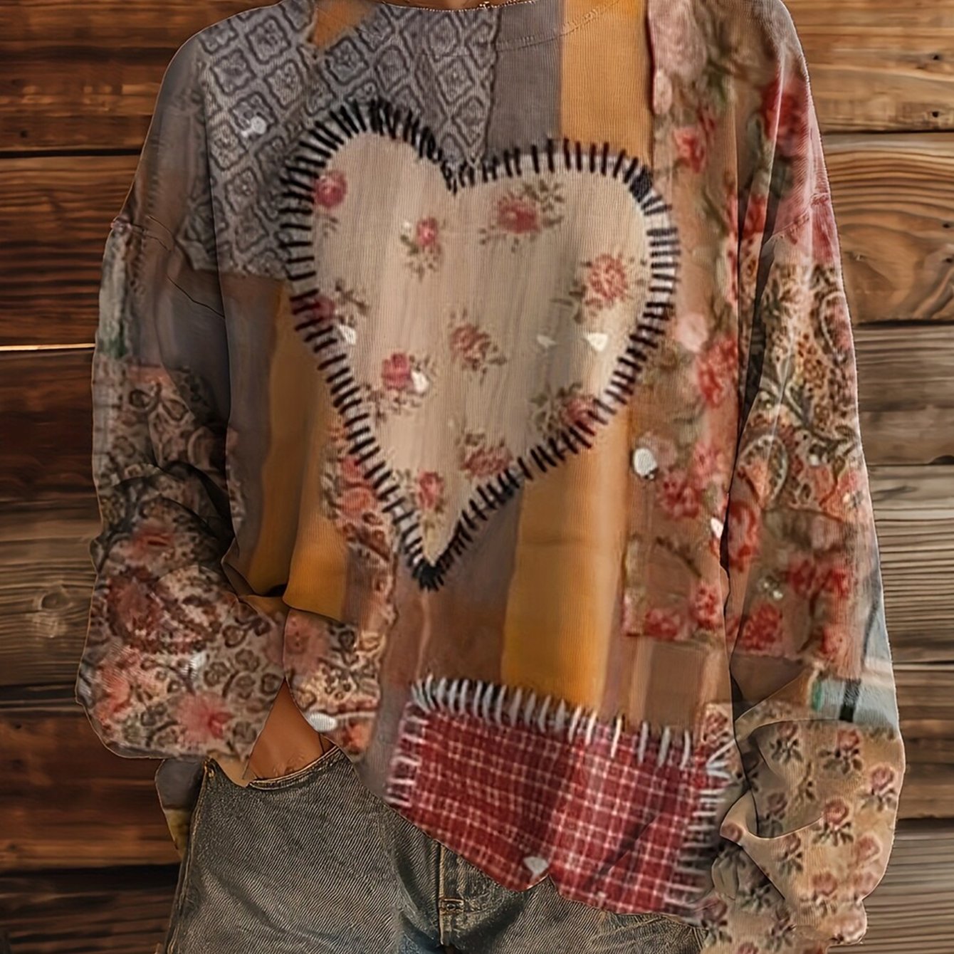 TEMU Autumn And Winter Retro Style Heart-shaped Flower Design Round Neck Hoodie Suitable For Daily Outdoor , Women's Loose, Comfortable And Fashionable Hoodie
