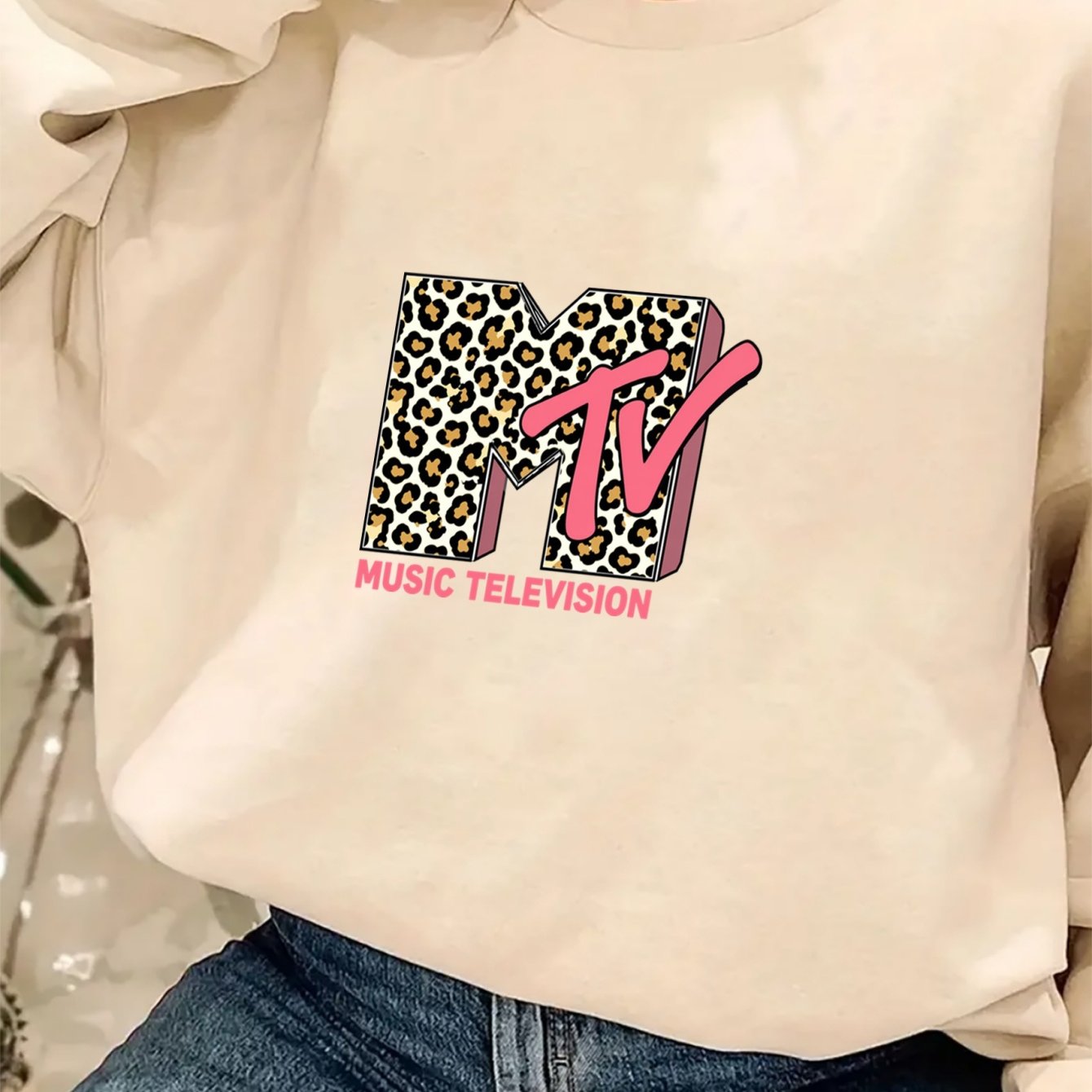 TEMU Damens Casual Langarm-Pullover mit Rundhalsausschnitt - MTV Music Television & Leopardenmuster, Schwarz mit Rosa-Weißer Schrift, Ganzjahres-,