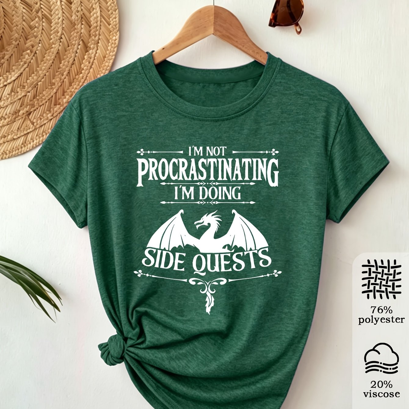 TEMU Women's Retro Graphic T-shirt - " Procrastinating I'm Doing Side Quests" Dragon Design, Soft Stretchy Fabric, Round Neck Short Sleeve Tee For