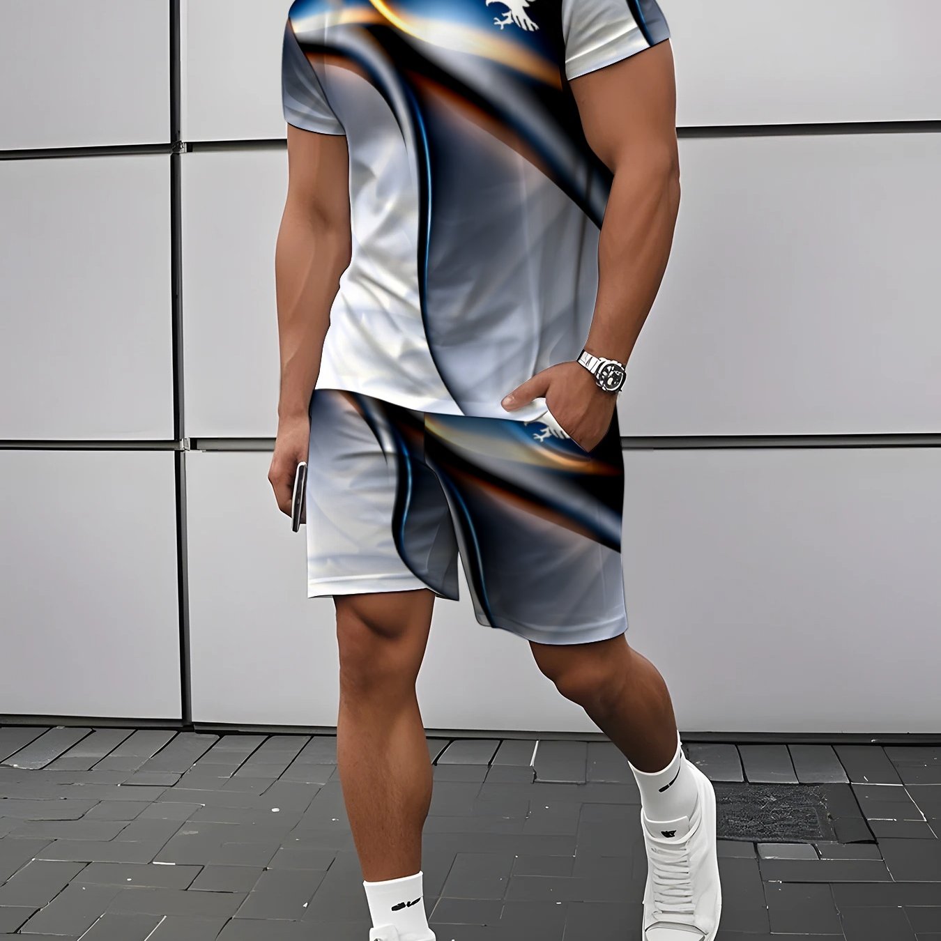 TEMU Completo da con stampa sfumata a maniche corte, T-shirt e pantaloncini sportivi casual ad asciugatura rapida, 2 pezzi, abbigliamento estivo da