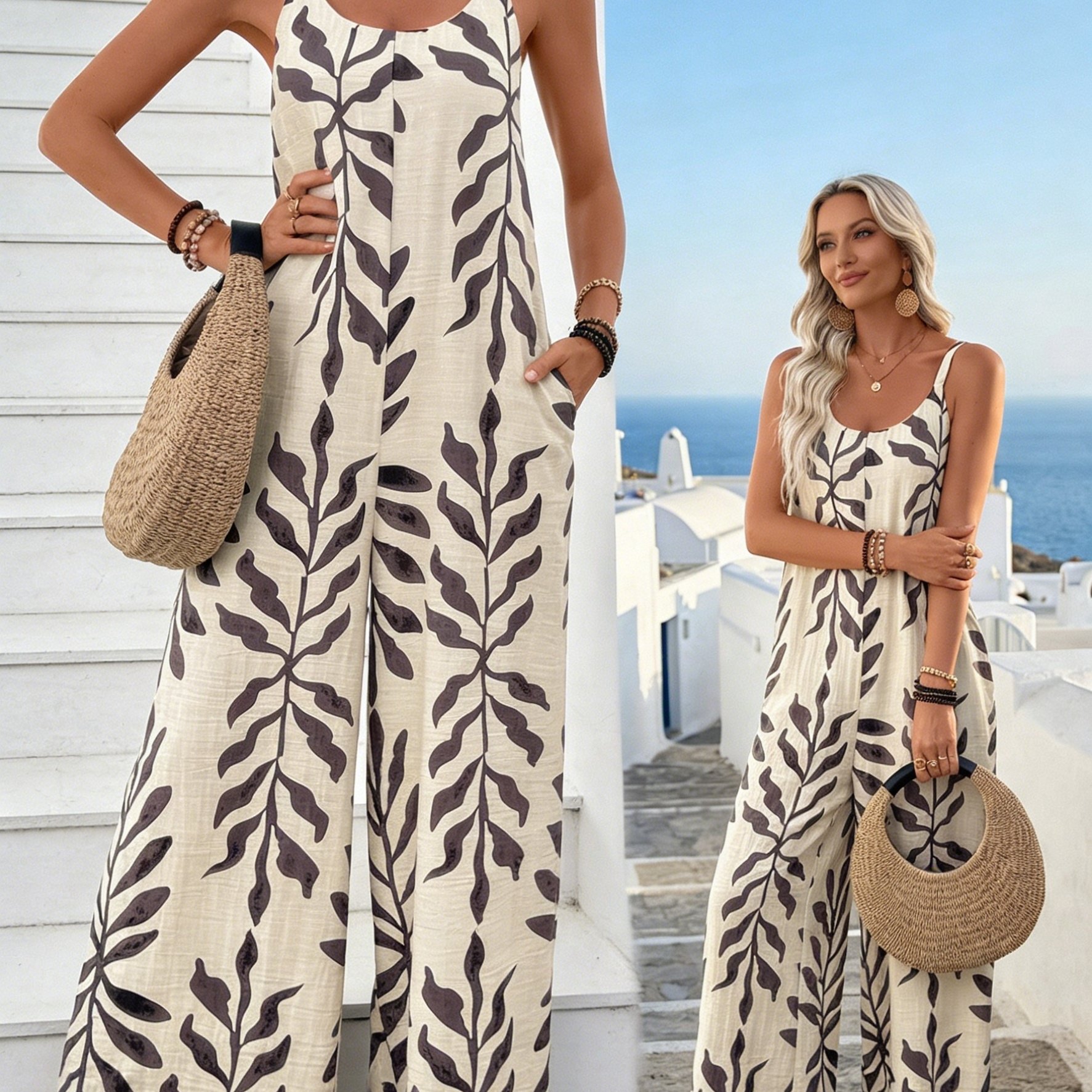 Women's Elegant Vacation Printed -like Pocket Vest Jumpsuit