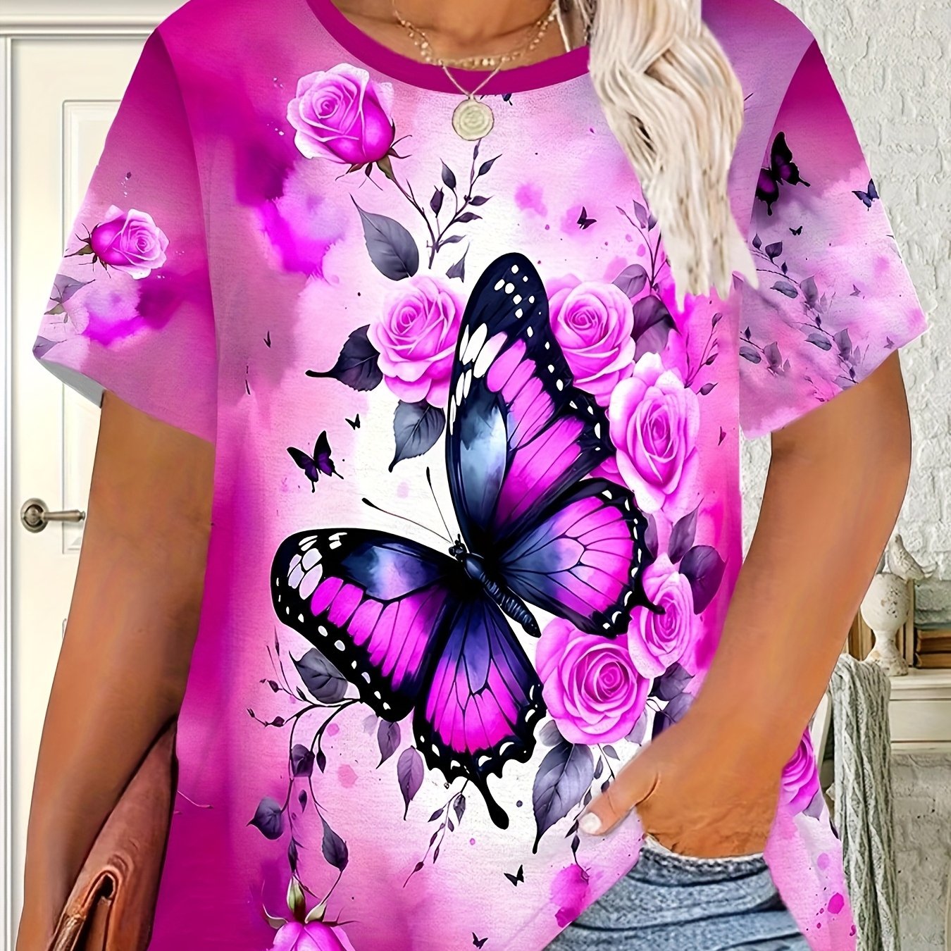 TEMU Super Lady Floral Print T-shirt - Elegant Gradient Pink Short Sleeve Crew Neck Top, Breathable Machine Washable Casual Vacation Wear, Wearable