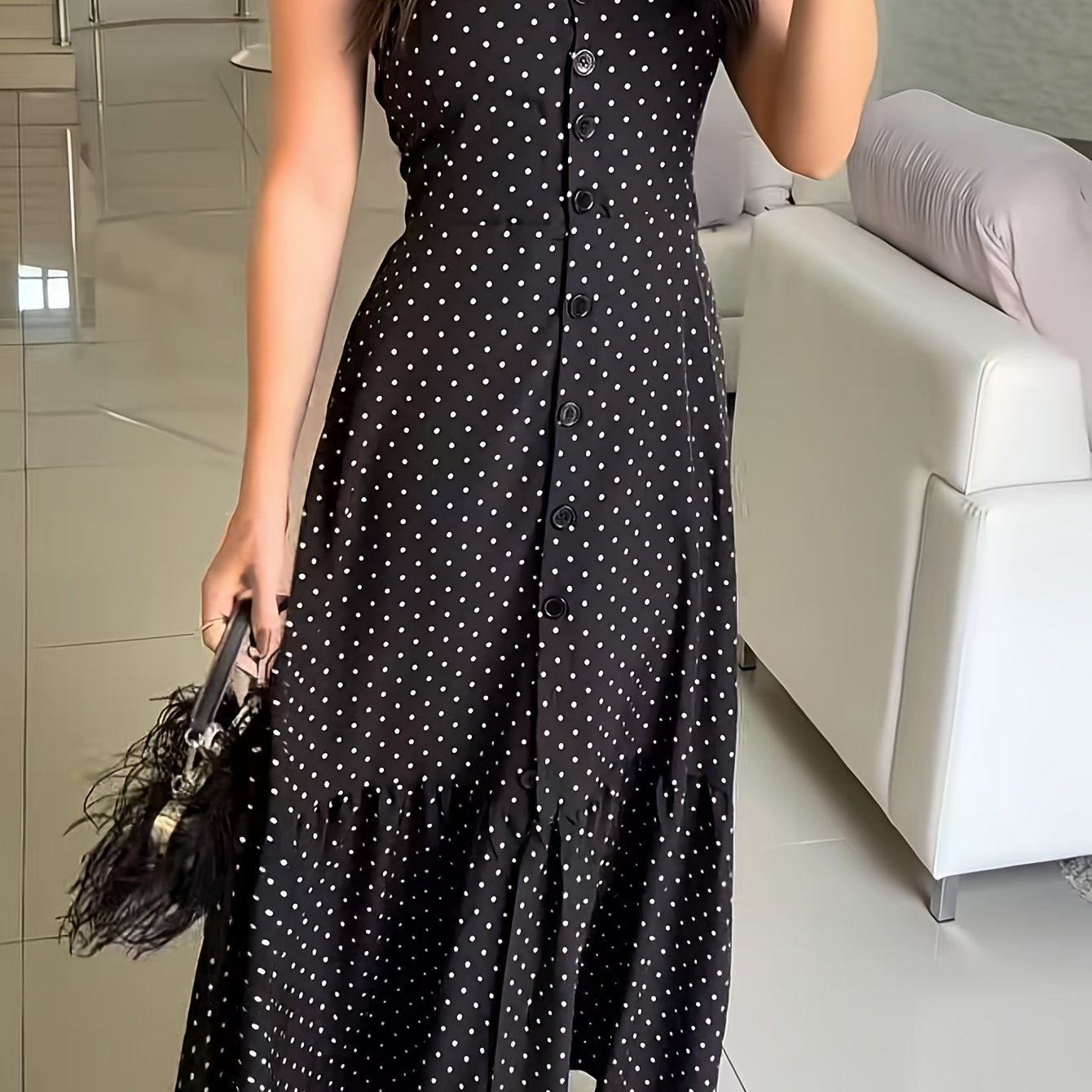 TEMU レディース ポルカドット ボタン付き ウエストゴム ドレス