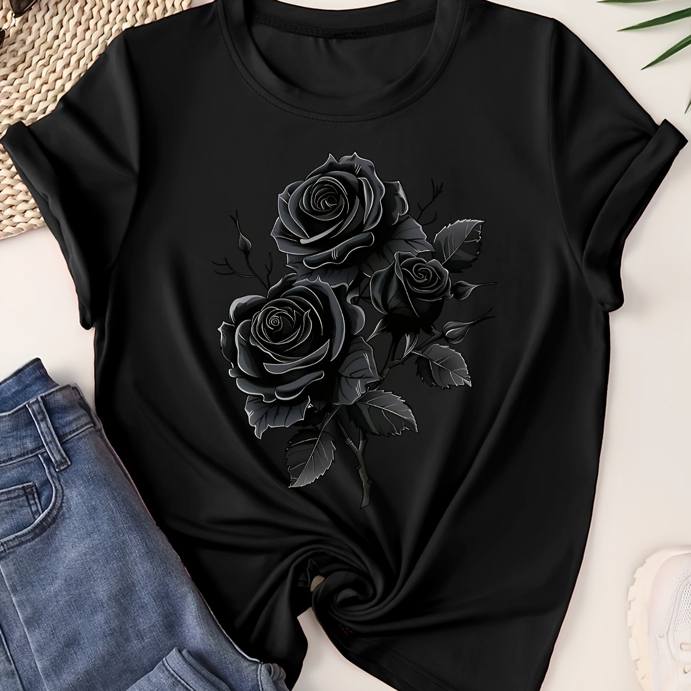 Rose Print Pattern Round Neck Short Sleeve T-shirt, Fashionable And Casual, Birthday Gift, Travel And Vacation