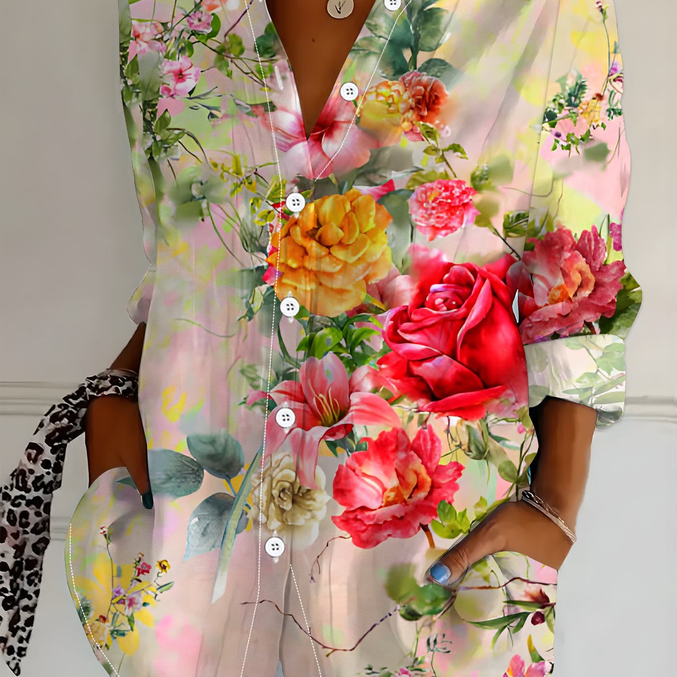 TEMU Plus Size Women's Long Sleeve Shirt, Floral Romantic Print Blouse, Colorful Floral Style Mid-length Shirt, Fresh Pastel Shirt, Soft And