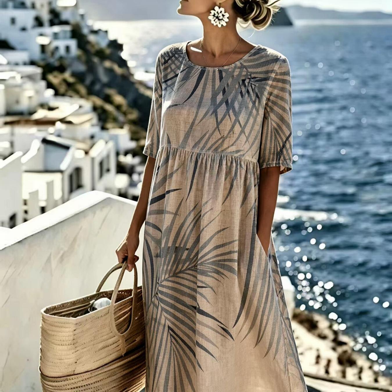 Image of Women's Fitted Summer Dress Suitable For Daily Outfits & Commuting - Palm Print Resort Style Dress With Round Neck, Machine Washable Full-body Dress For Vacations, Casual Wear, Gift (no )