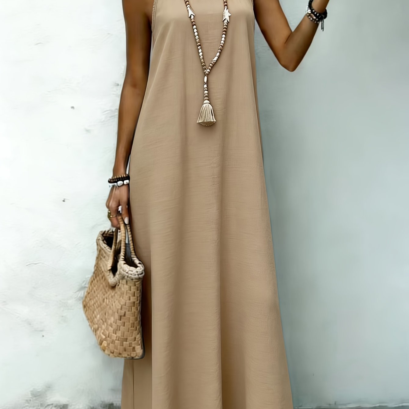 TEMU Amnfuil Women's Bohemian Halter Neck Maxi Dress - Sleeveless Back Button Closure Beach Dress, Solid Color Fitted Long Dress Suitable For