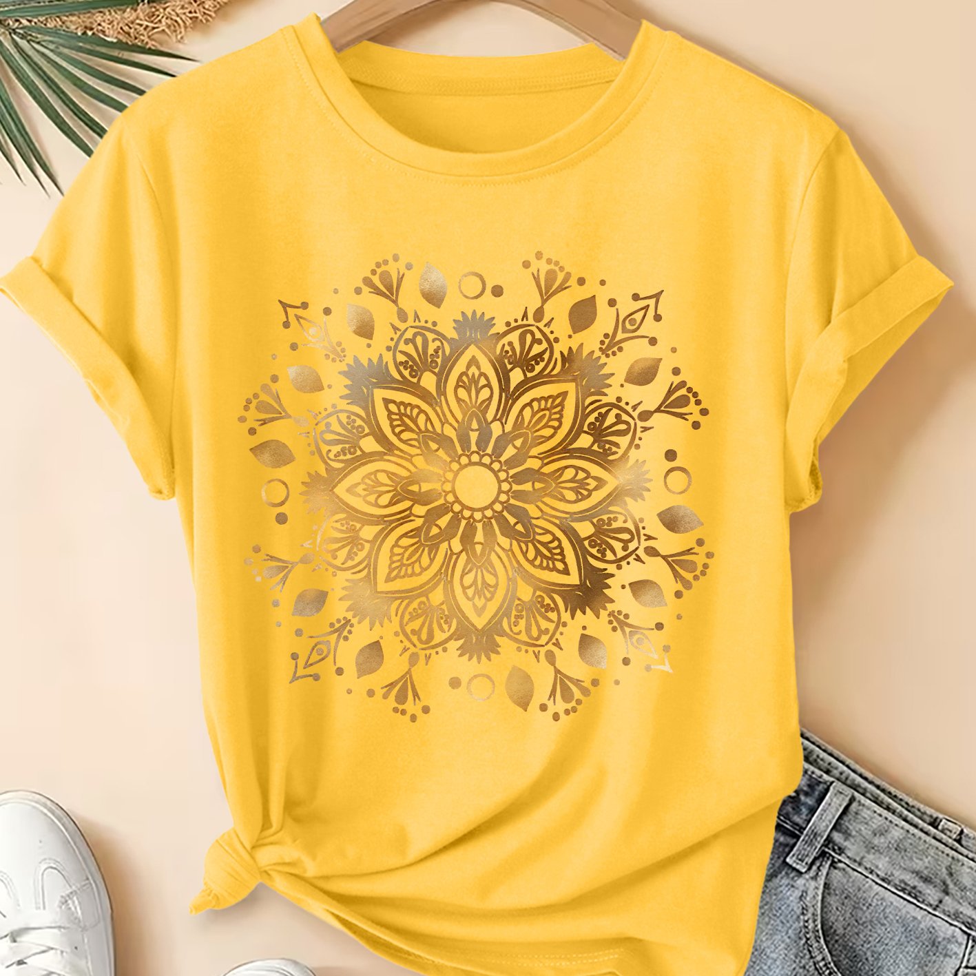 TEMU Women's Plus-size Golden Mandala Print T-shirt - Short Sleeve Round Neck Blouse-compatible Top | Suitable For Commuting, Vacation & Daily Wear |