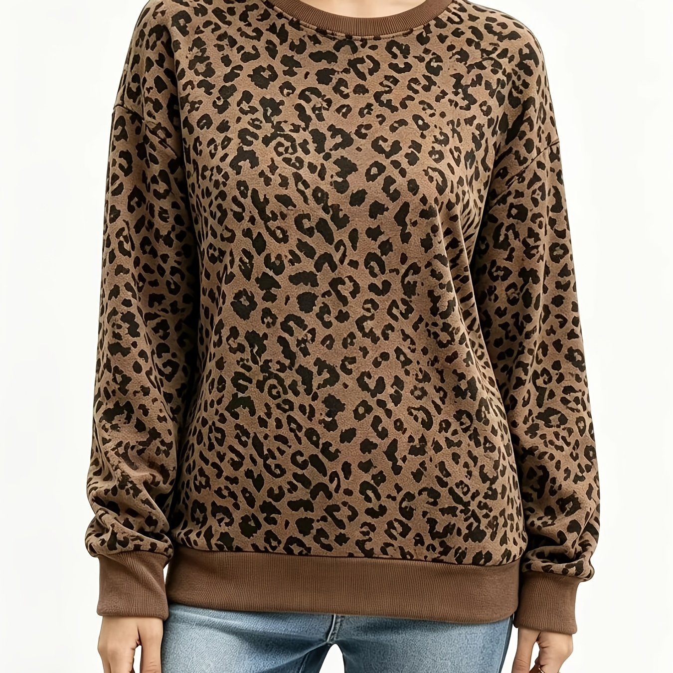TEMU Women's Corduroy Fabric Loose Fit Sweatshirt Long Sleeve Animal Leopard Print Riding Sportswear, Casual Outing And Exercise