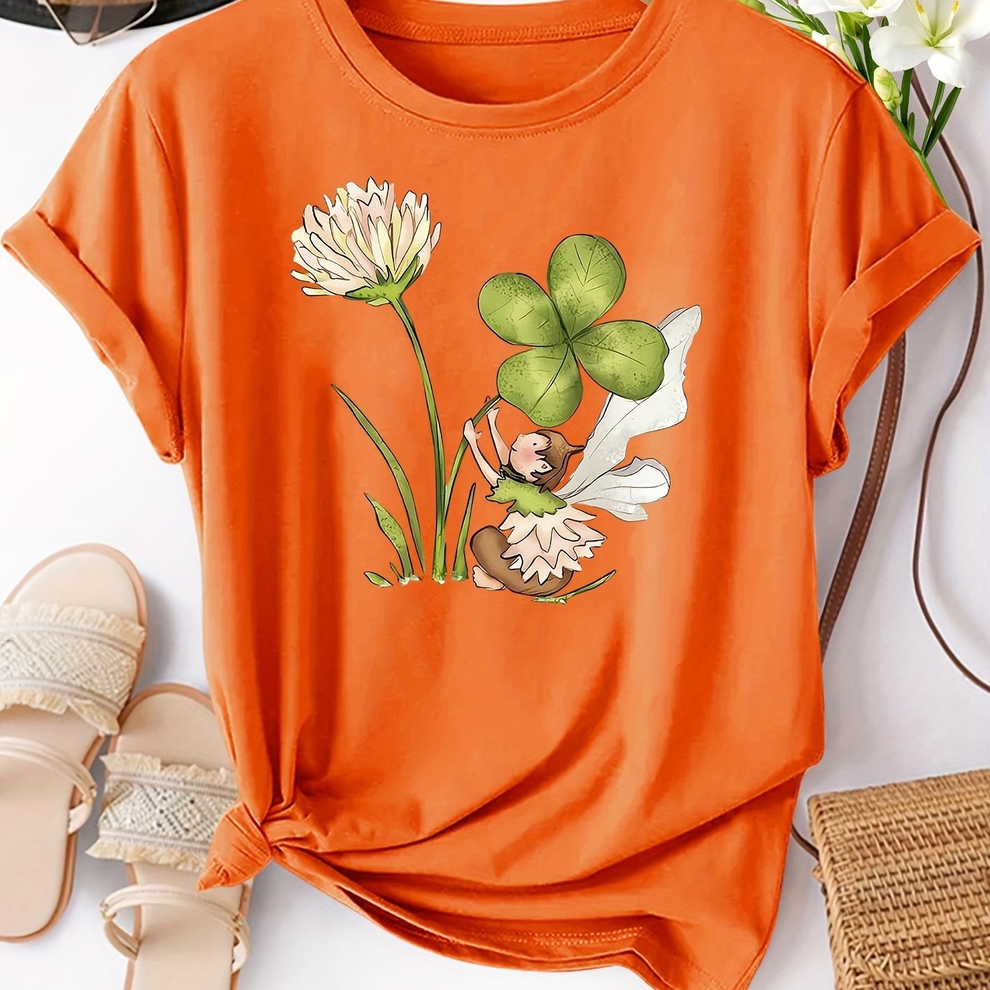TEMU Clover Print Women's Round Neck Sports T-shirt Casual Fashionable Elegant Retro Top Adult Short Sleeve Options S-xxl