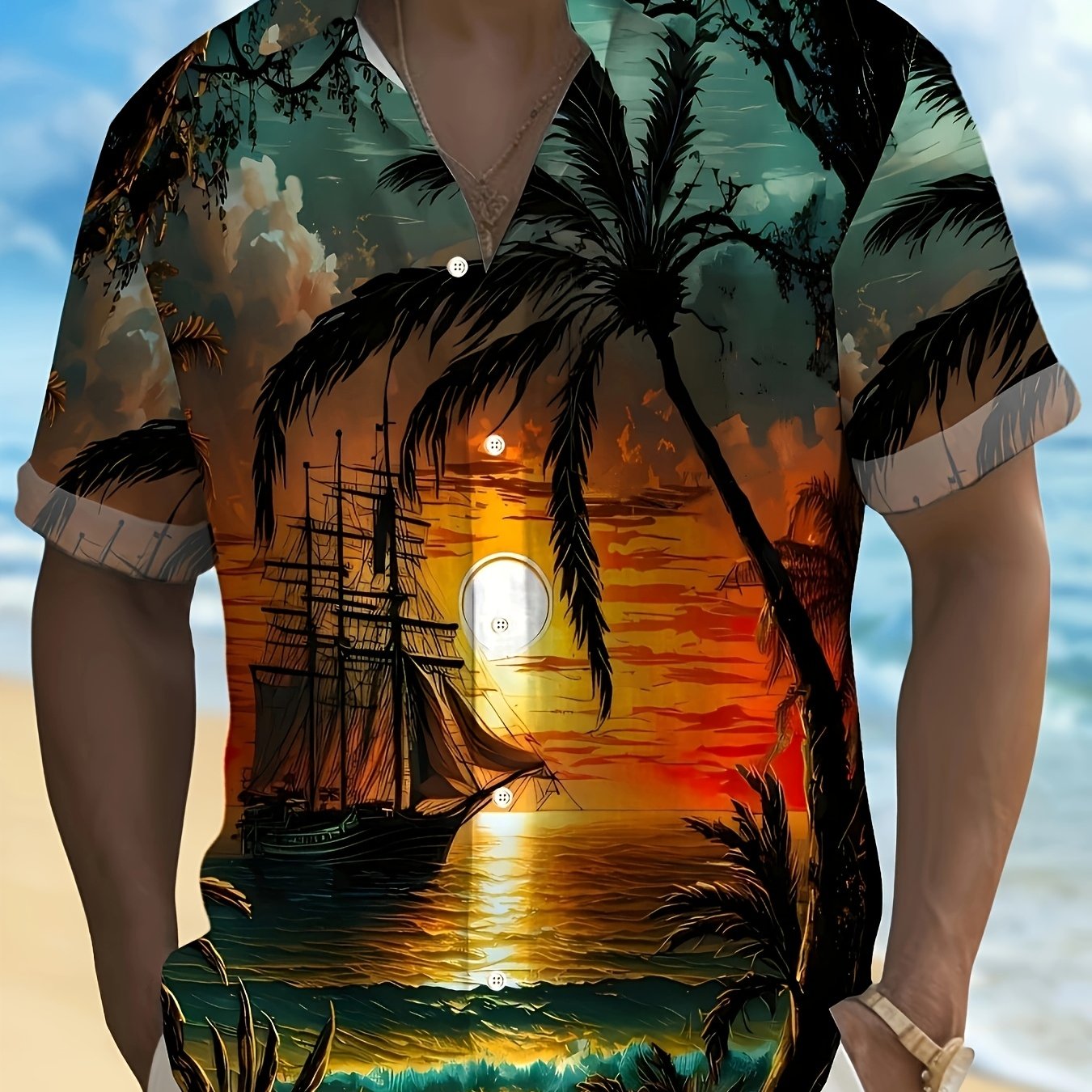 TEMU Men's Button-up Short Sleeve Shirt With Tree Sunset Landscape Print, Plus Size