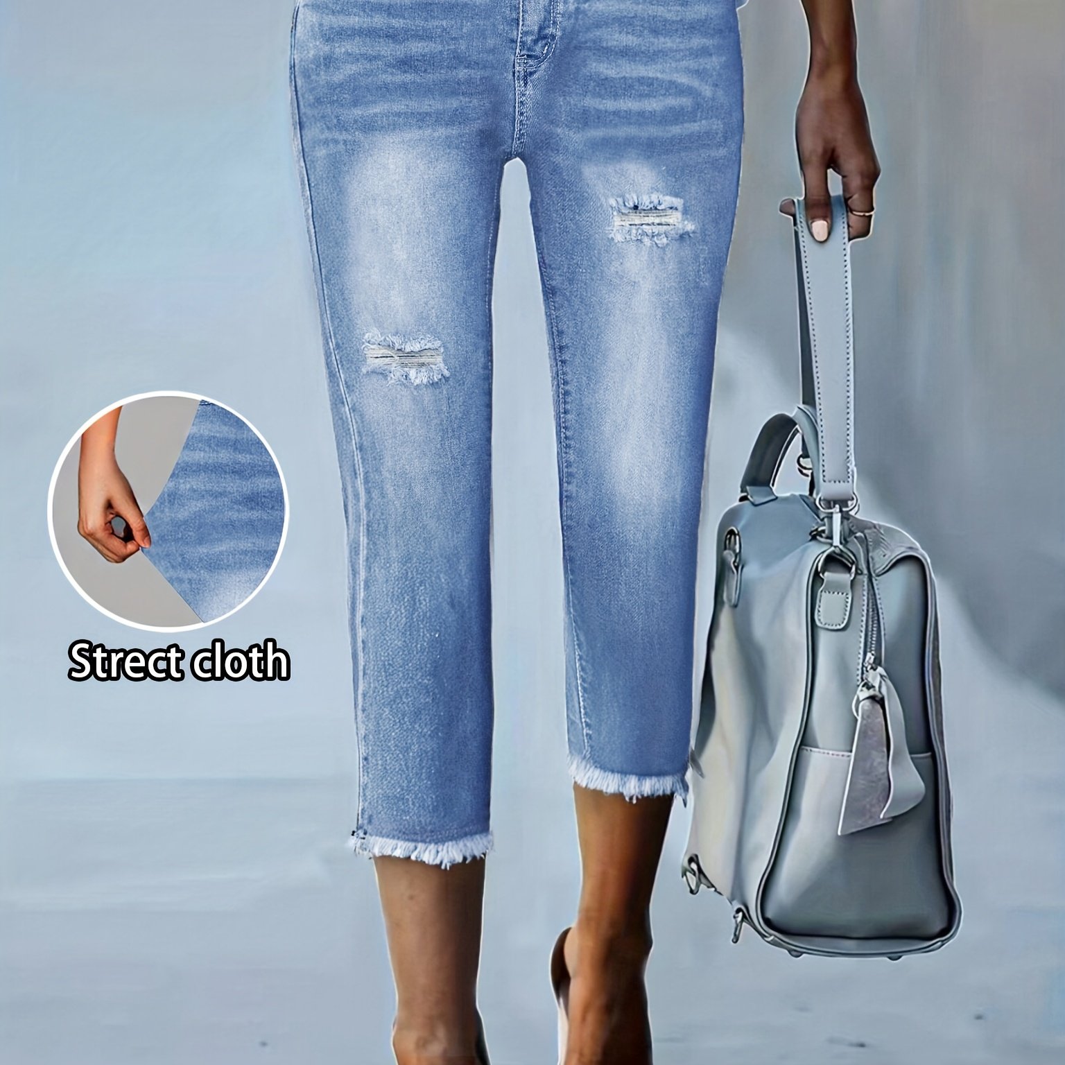 Image of /summer/autumn Women's Fashion Capri Pants, Versatile Embroidered Casual Outing Jeans, Light Blue Distressed Hem Women's Cropped Jeans