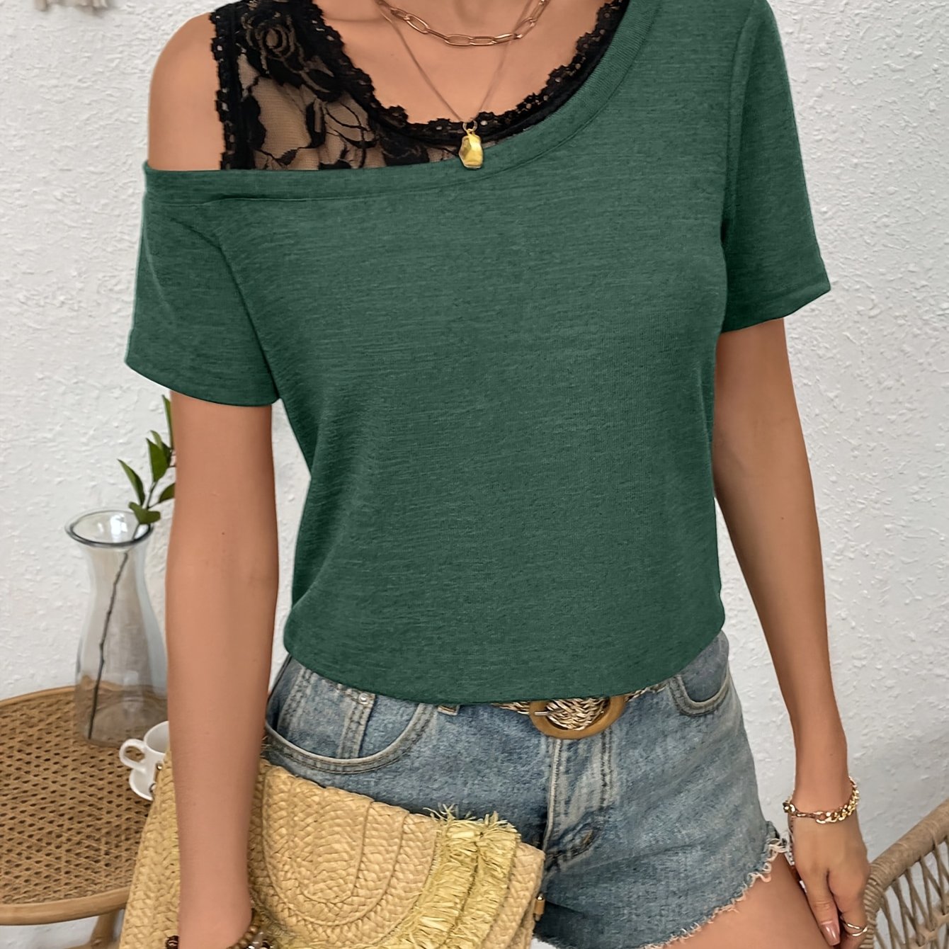 Image of Franclia Women's Casual Lace Asymmetric Neckline T-shirt - Navy Blue, Medium Stretch, Machine Washable, Spring/summer Fashion Top