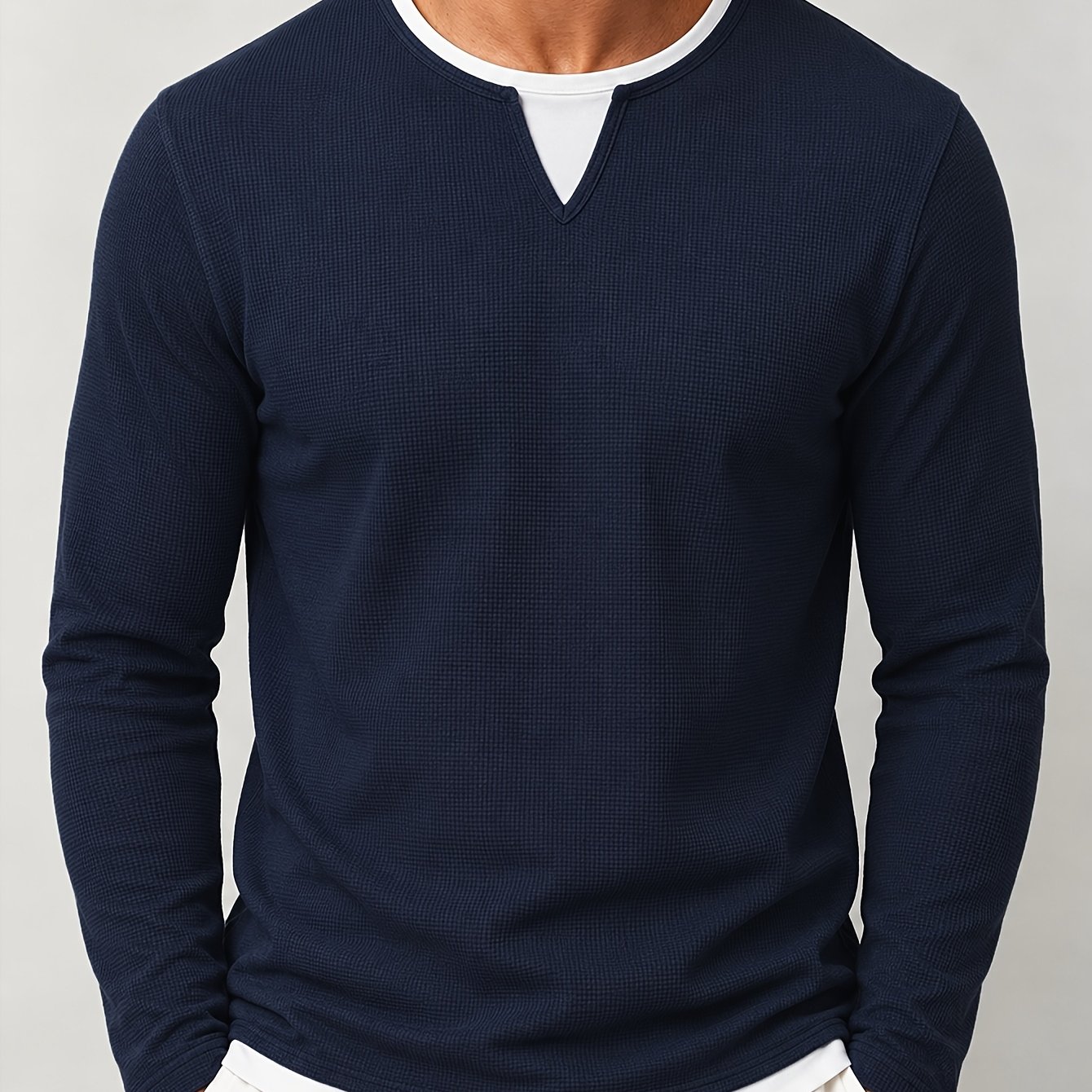 TEMU Men's 2-in-1 Look Henley Neck Long Sleeve T-shirt, Waffle Knit Breathable Sweater, Versatile Daily Casual Top