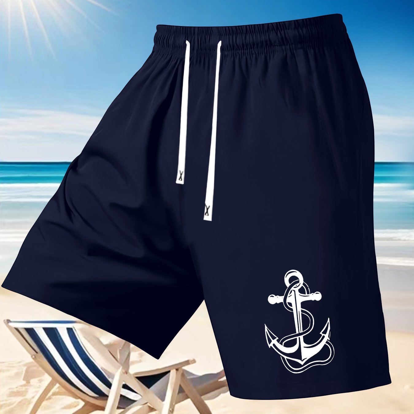 E-shop Herren Sommer-Mode-Shorts mit Ankerdruck, Casual Strandhosen mit Kordelzug