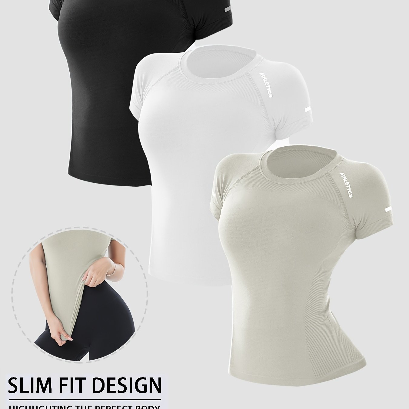 E-shop 3 Stück Damen High-Elasticity Halbtransparente Nude-Farben T-Shirts – Atmungsaktive Rundhals-Kurzarm-Oberteile für Yoga, Gymnastik, Laufen,