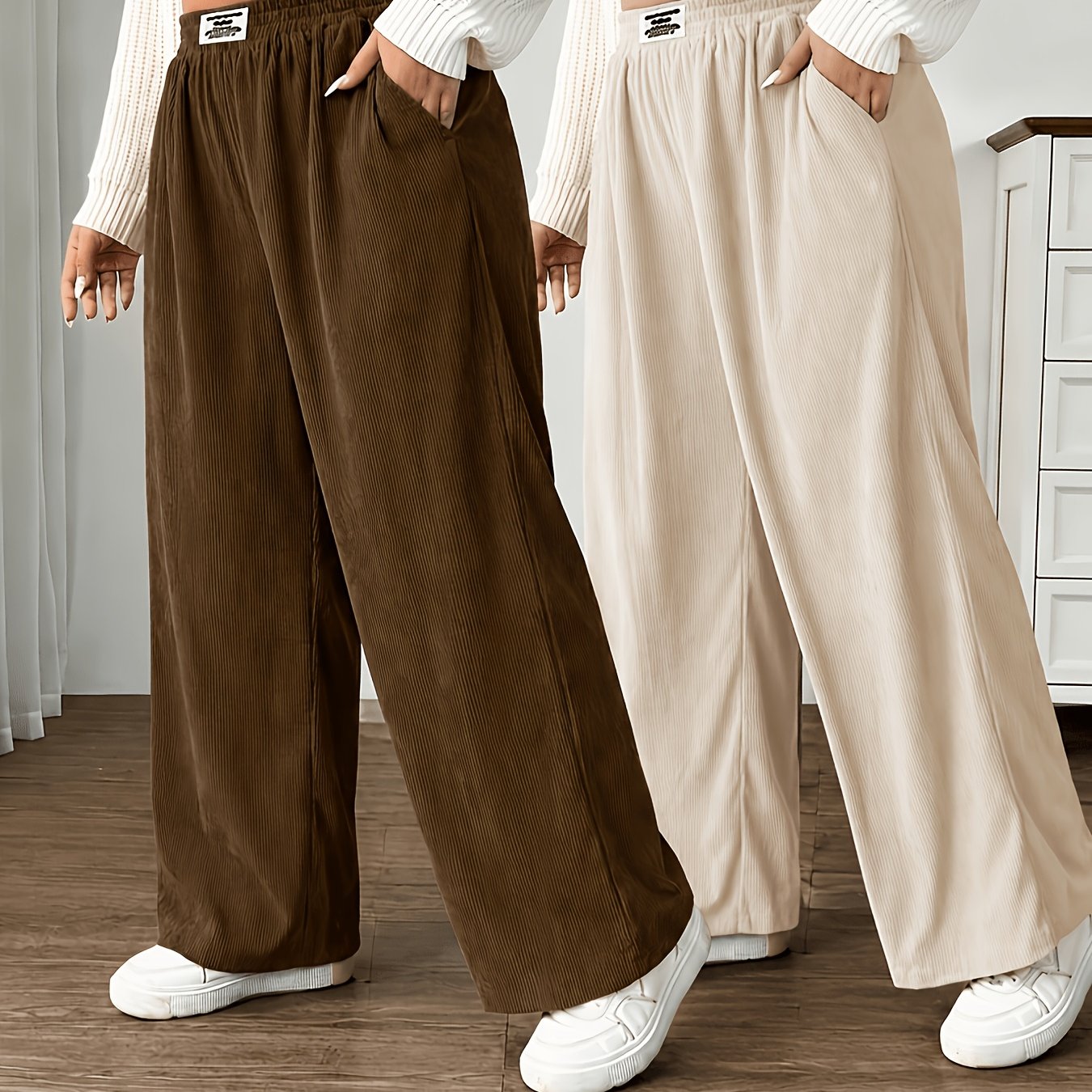 TEMU Completo taglie forti da donna [Set 2 pezzi] Pantaloni a larga e vita , tessuto in velluto a , con tasche , stile autunnale, look casual e , per