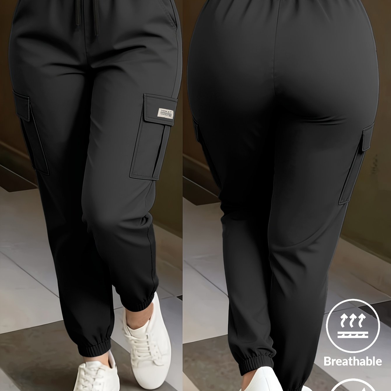 TEMU Women's Outdoor Multi-pocket Pants - Lightweight Breathable Athletic Trousers With Elastic Drawstring Waist, Running & Gym Wear, Solid Color