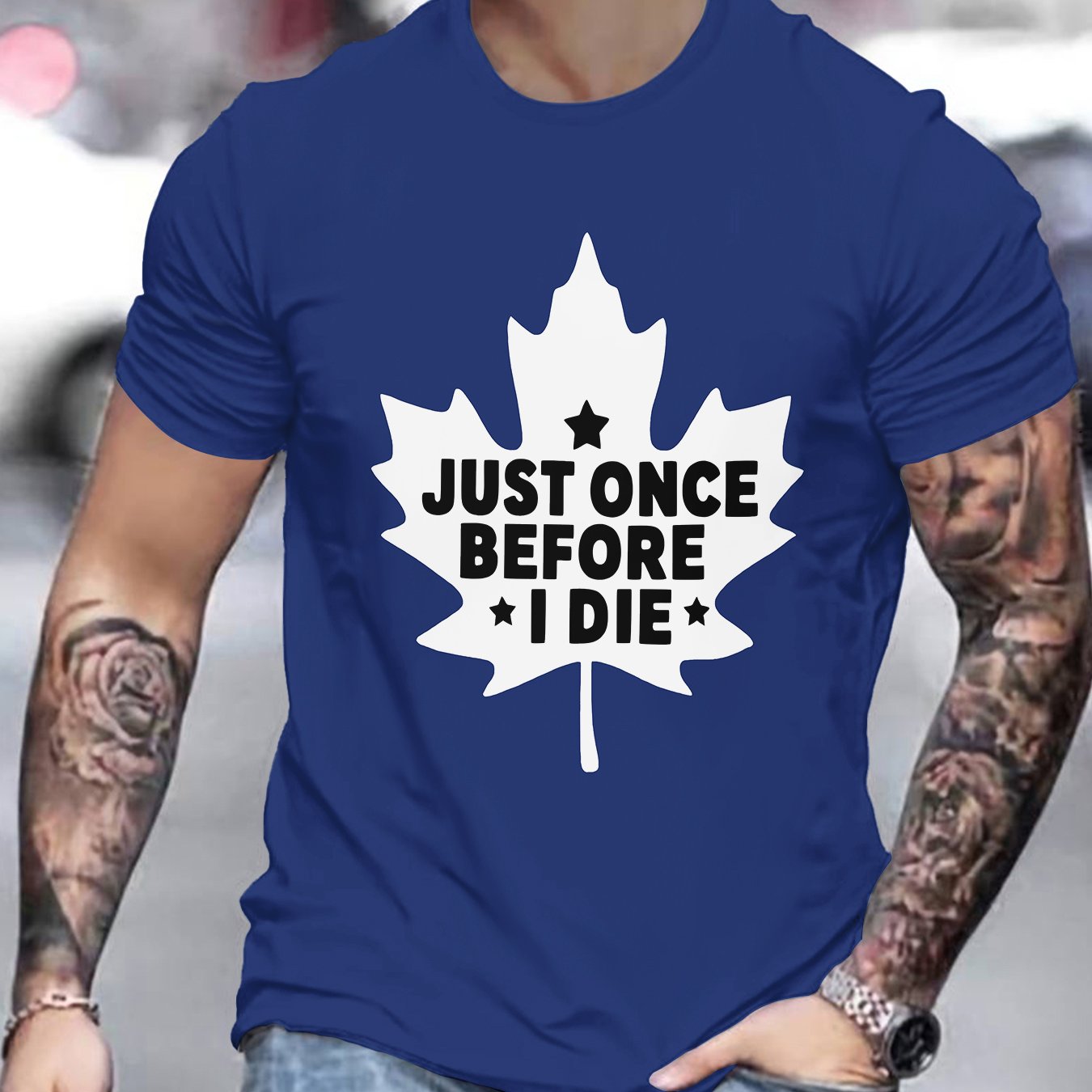 TEMU T-shirt Homme Style Décontracté Manches Courtes avec Slogan Anglais Feuille d'Érable Bleu
