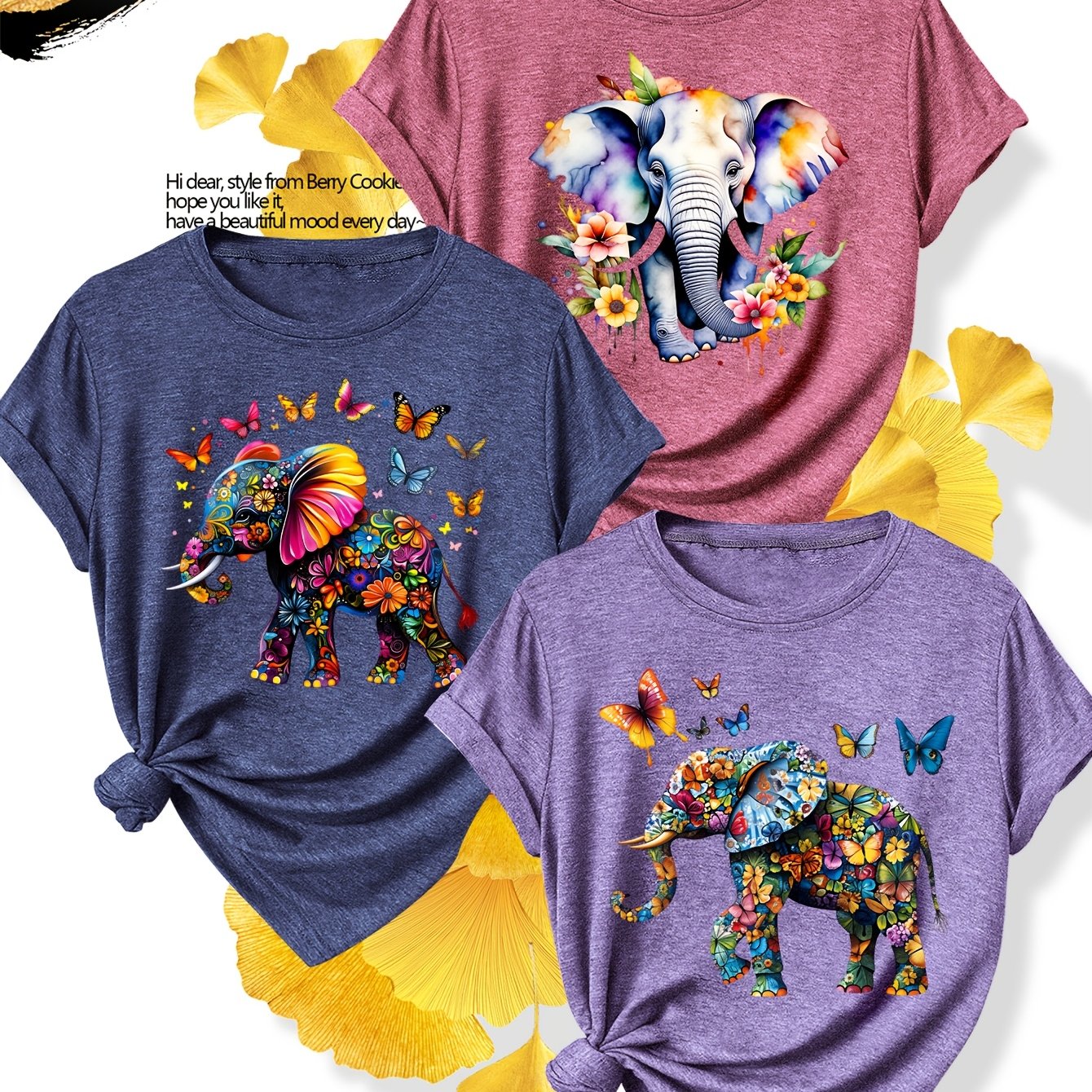 TEMU A Set Of 3 Stylish And Elegant Summer Casual Sports Tops For Women Featuring And Elephant Prints, In Soft And Comfortable Fabric With A Round