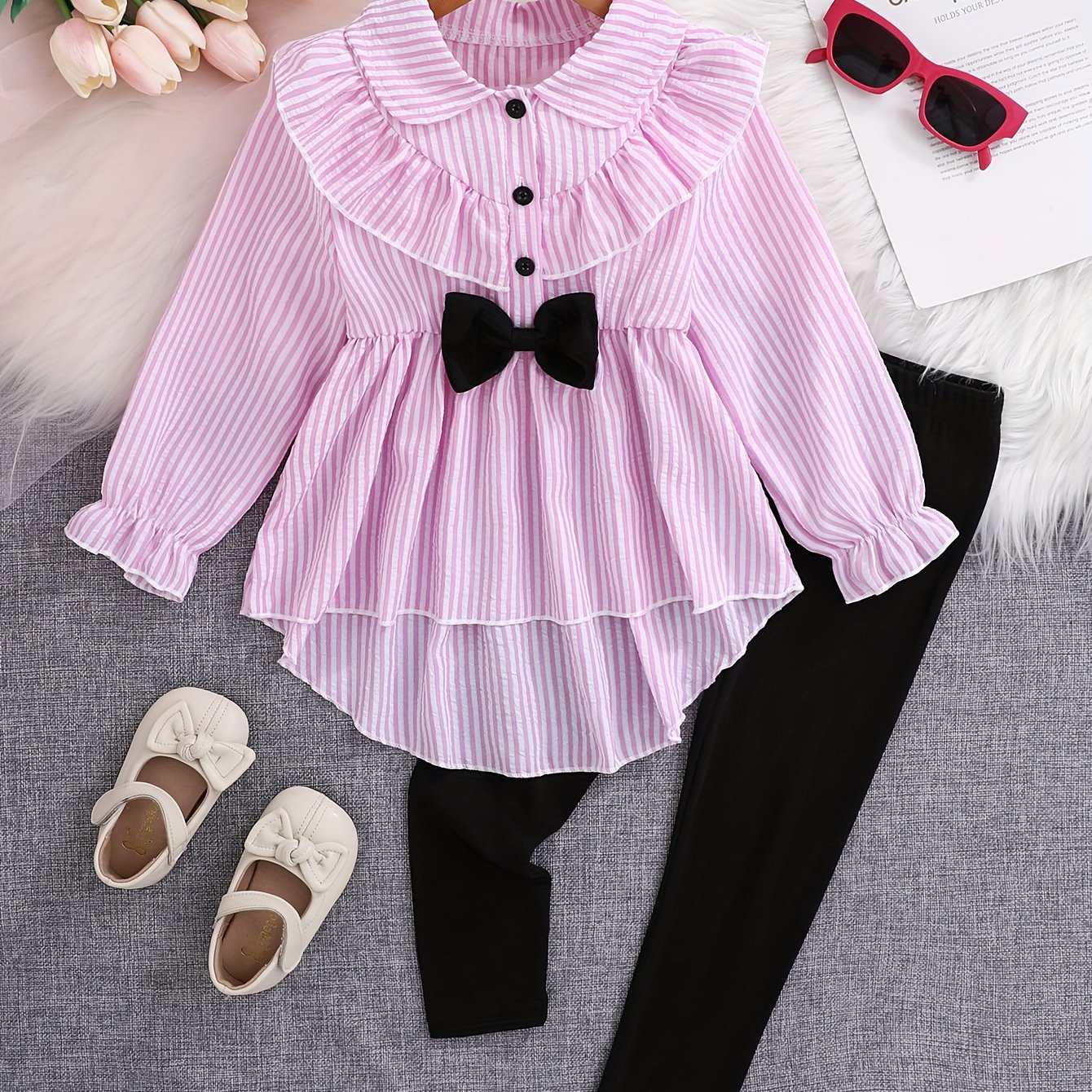 Image of 2pcs Set For Girls, And White Striped Collar Long-sleeved Top With Bow Decoration, With Black Leggings, Girls' Trousers Set, Autumn And Winter, For Outdoor