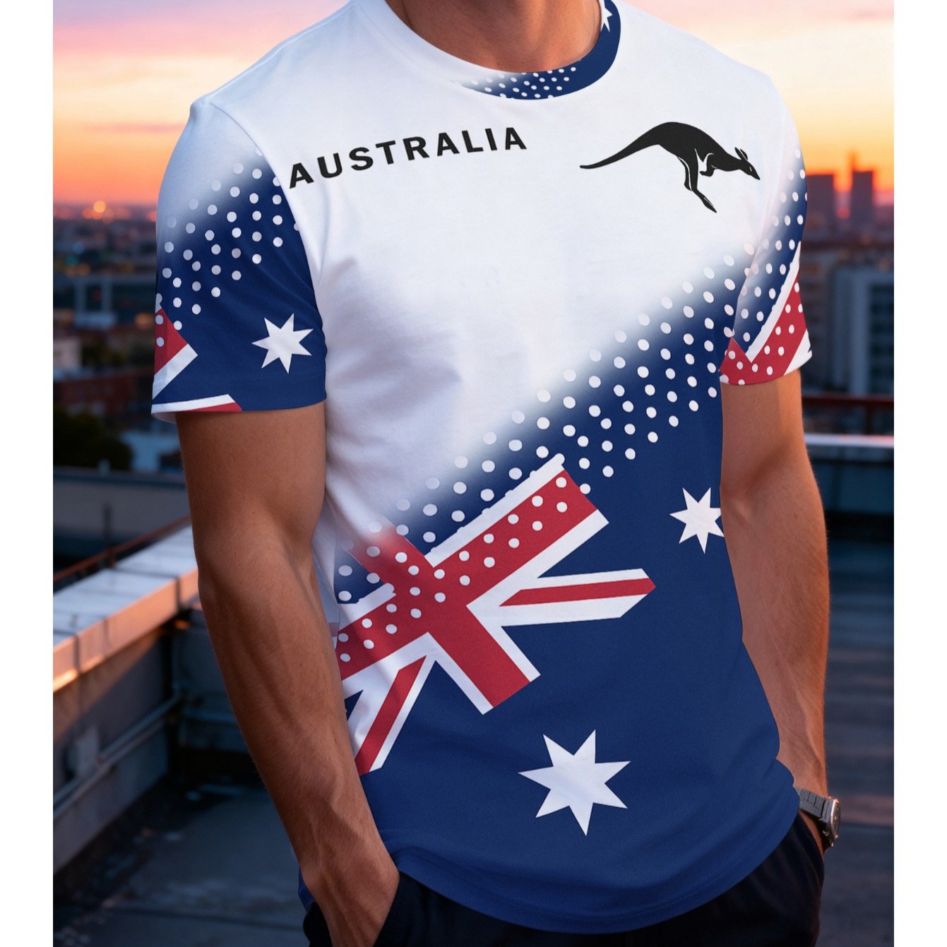 TEMU [printed Design - Not Textured] Men's Australian Flag And Koala Bear T-shirt - Lightweight Short-sleeve Casual Shirt With Southern Cross Design,