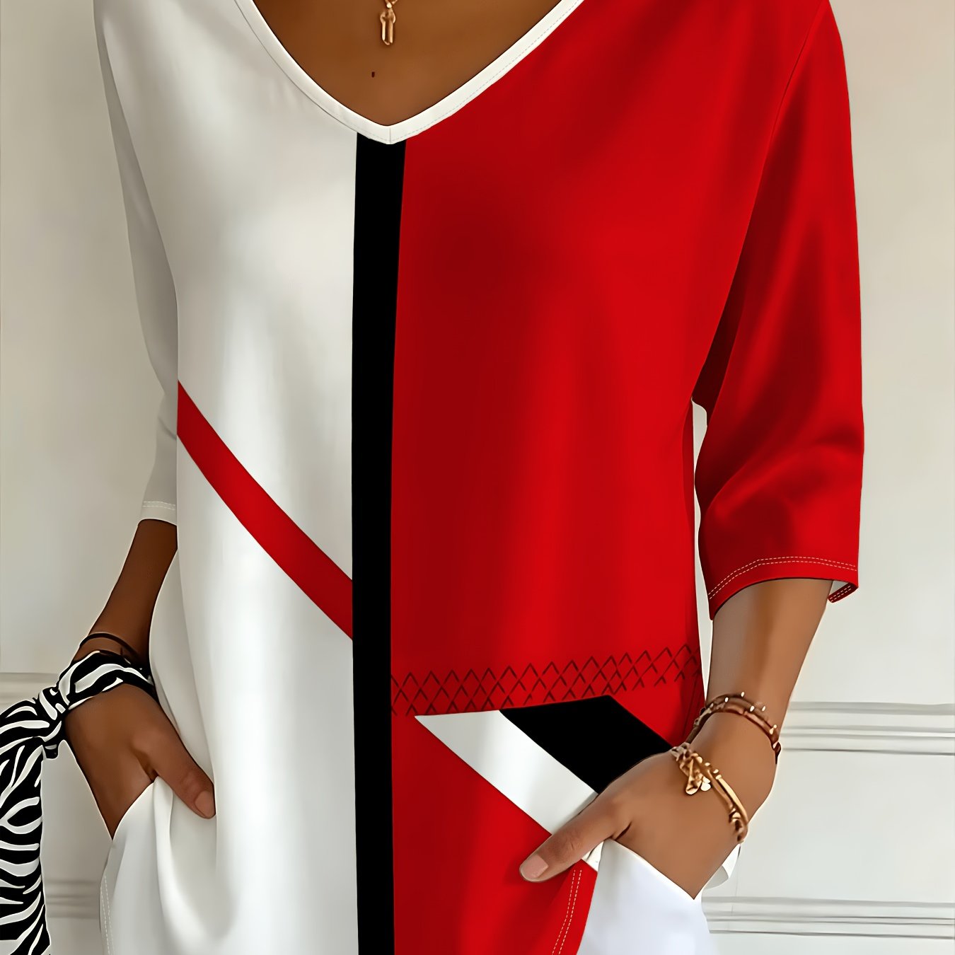 TEMU Haut à col en V avec imprimé géométrique de , blocs de couleurs noir, blanc et rouge, T-shirt décontracté à manches 3/4, style pour les