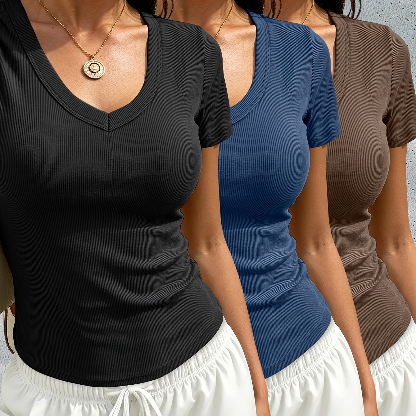 TEMU 3pcs Women's Elegant Ribbed V-neck Short Sleeve T-shirt, Beautiful Tee, Summer Top, Short Sleeve T-shirt, Women's Slim , Elegant Chic Top, New