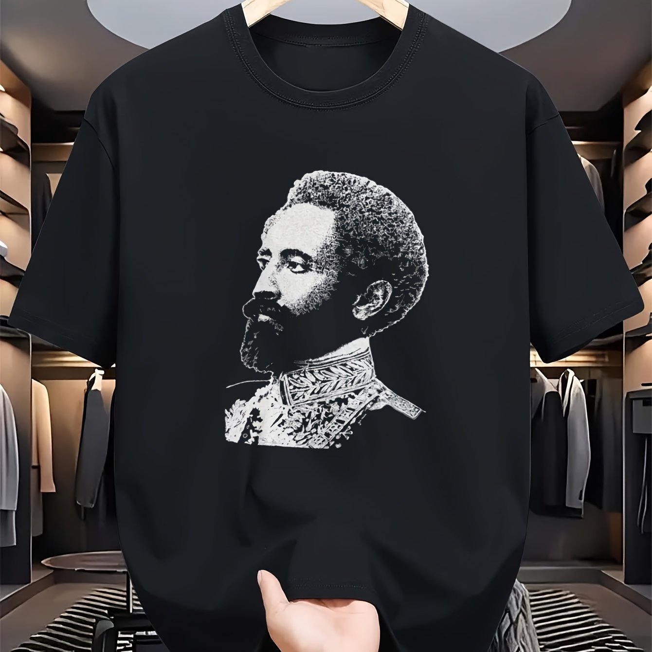 TEMU Men's Vintaes Haile Selassie I Portrait T-shirt- Black History Pattern T-shirt, Soft And Breathable Xl Size Casual Shirt, Suitable For Casual