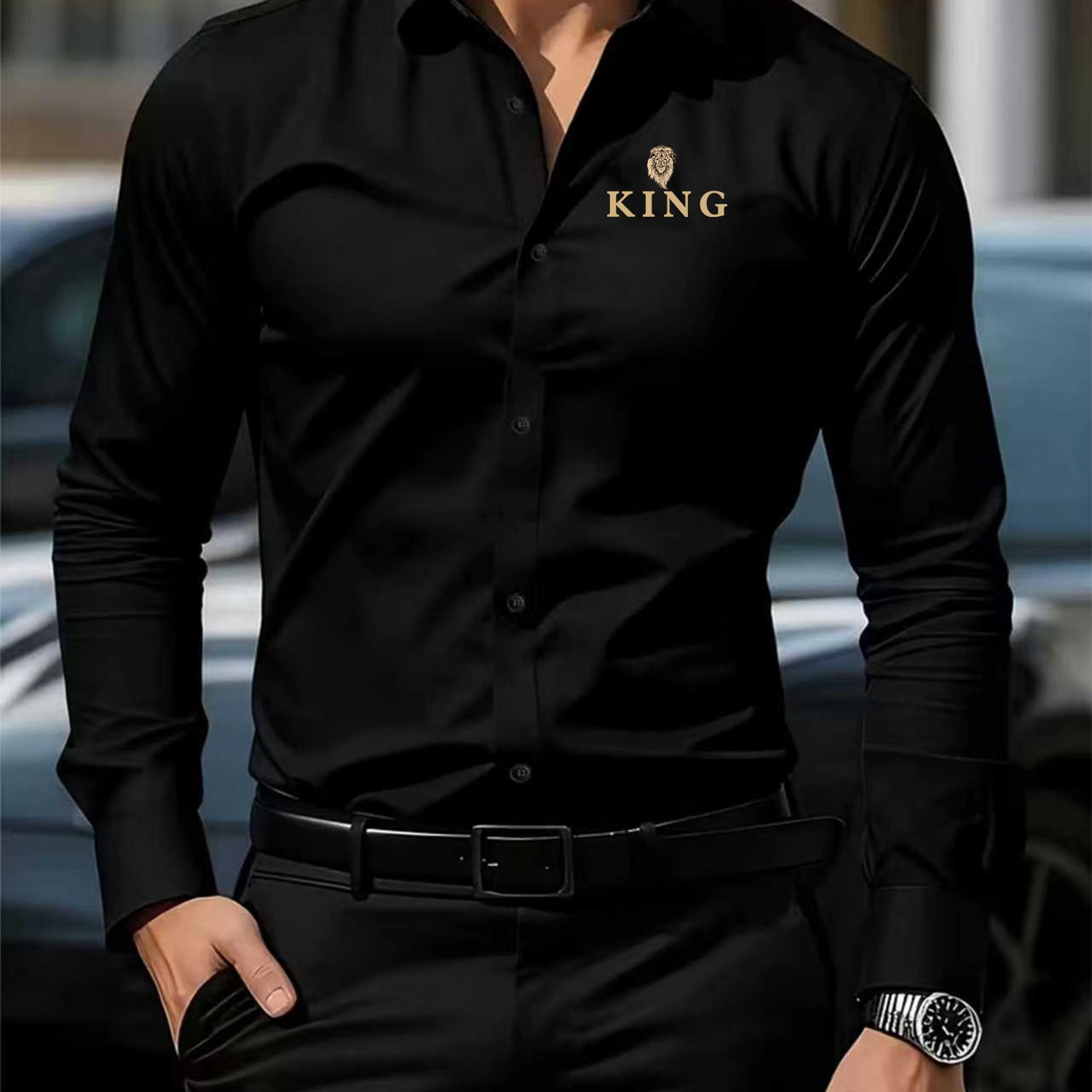 TEMU Light Luxury King Letter Print Multicolor Shirt, Men's Business Casual Long Sleeve Dress Shirt