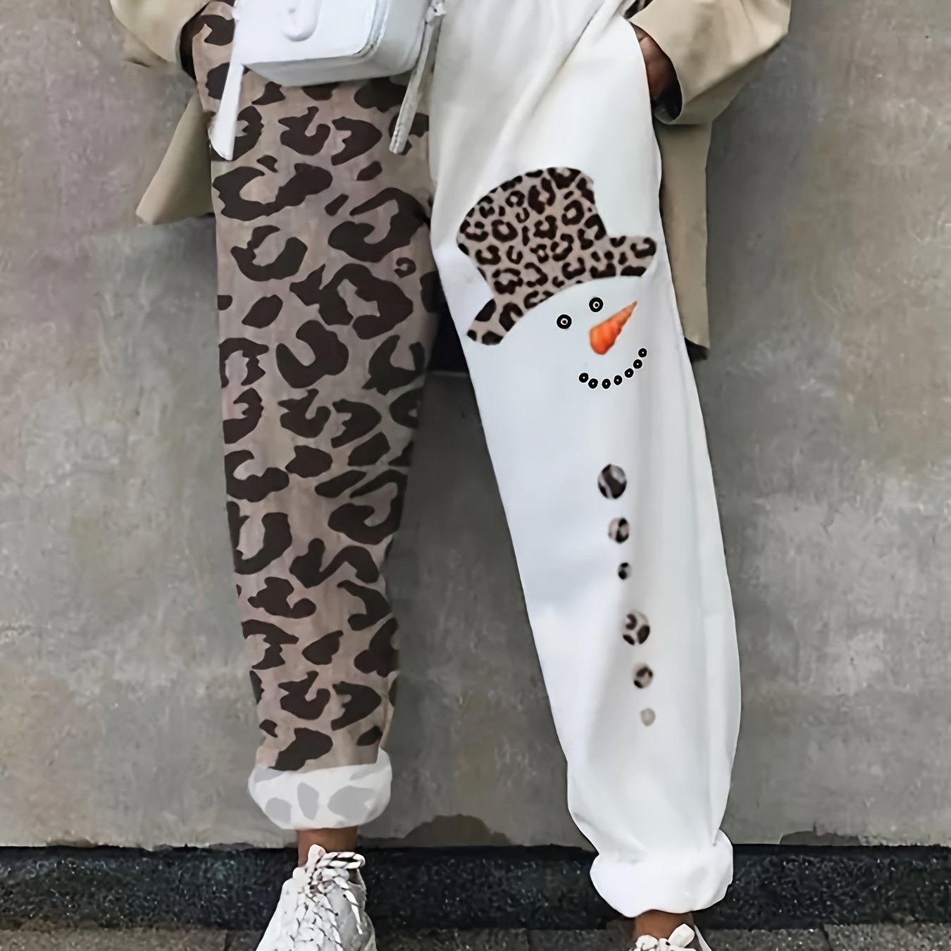 Image of Leopard & Snowman Print Jogger Pants, Casual Slant Pocket Pants For Fall & Winter, Women's Clothing