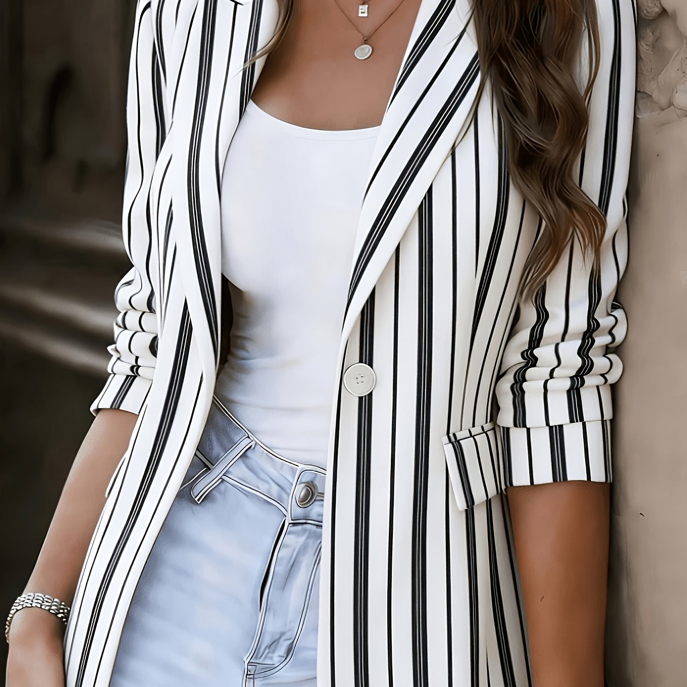 TEMU Asd1 Fashionable Women's Elegant Blazer, Stylish Slim-fit Casual Striped Lapel Single-breasted Suit Jacket