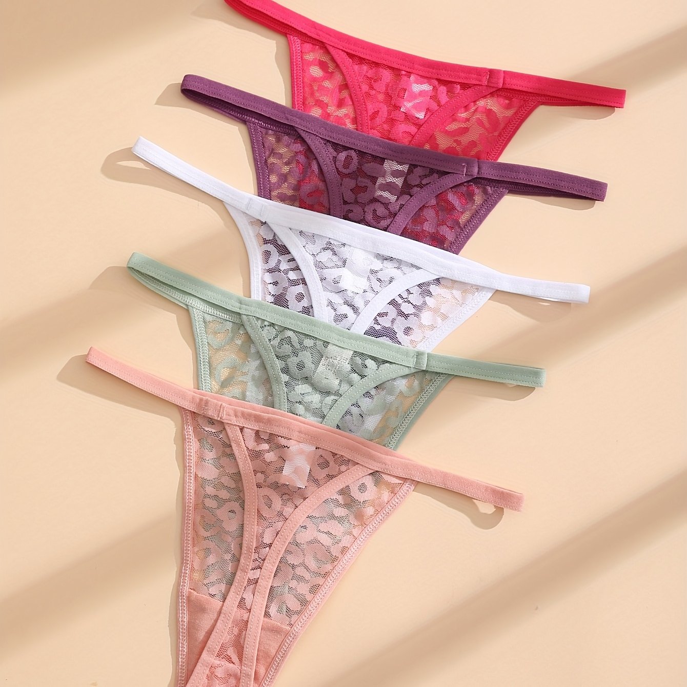 TEMU 5pcs Sexy Lace Thongs Women Solid Low Waist Panties G-string Transparent Mesh Underwear Hollow Seamless T-back Underpants