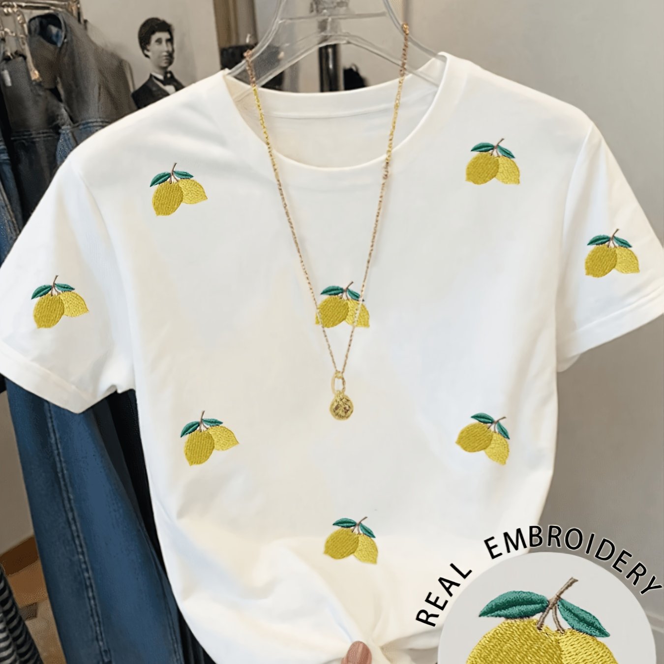E-shop Lässiges und modisches Damen-T-Shirt mit Rundhalsausschnitt, Zitronenstickerei und Frucht-Muster, kurze Ärmel, geeignet für den Sommer